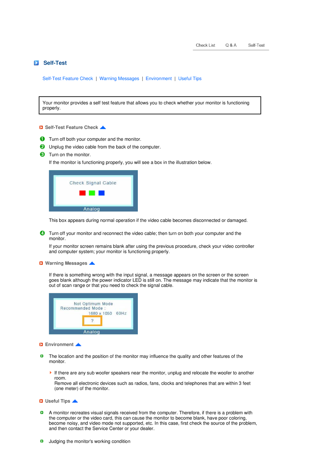 Samsung LS22MEWSFV/EDC, LS20MEWSF1/XSJ, LS20MEHSF1/XSJ, LS20MEWSFV/EDC Self-Test Feature Check, Environment, Useful Tips 