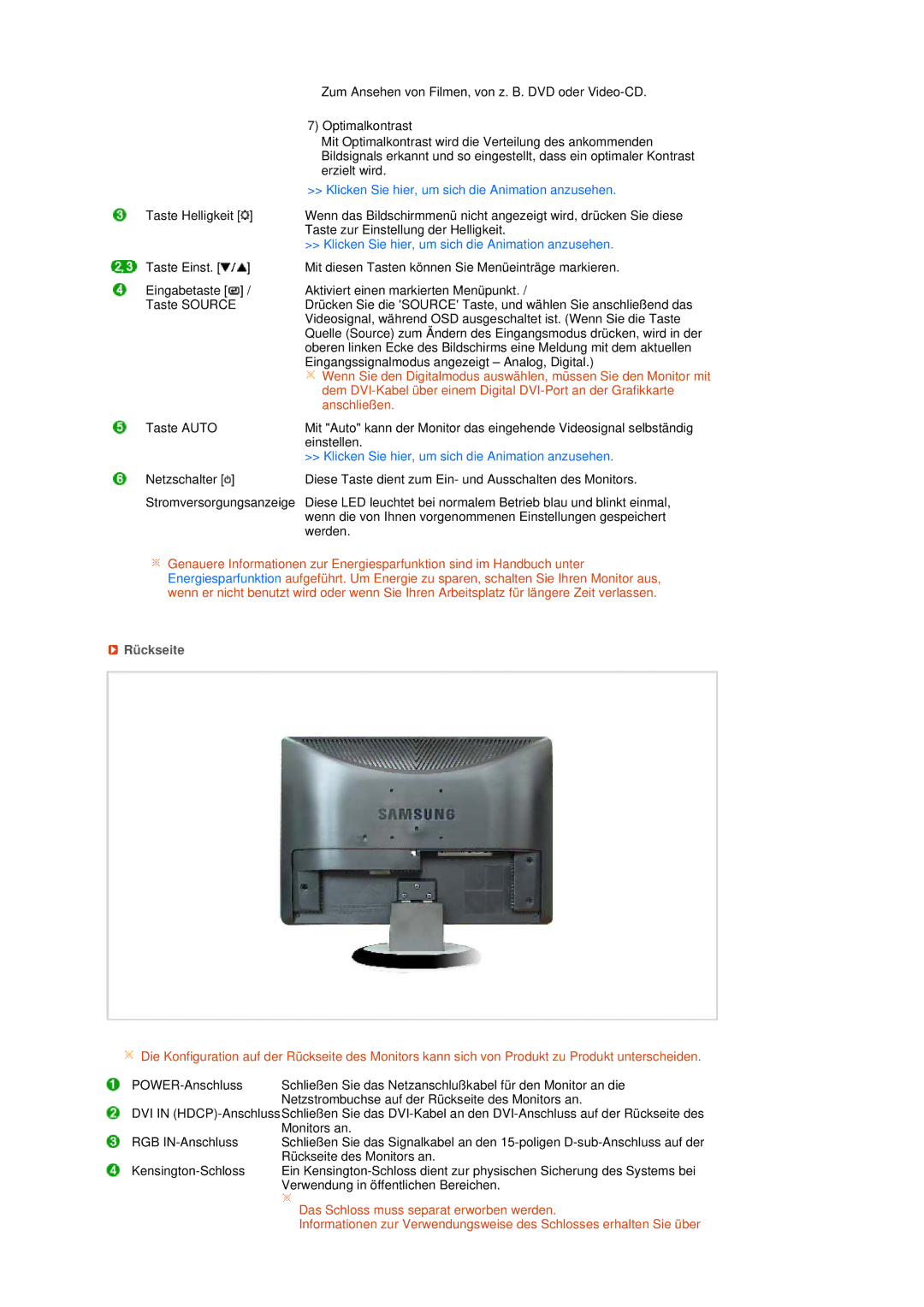 Samsung LS22MEHSFV/EDC, LS20MEWSFV/EDC, LS22MEWSFV/EDC manual Klicken Sie hier, um sich die Animation anzusehen, Rückseite 