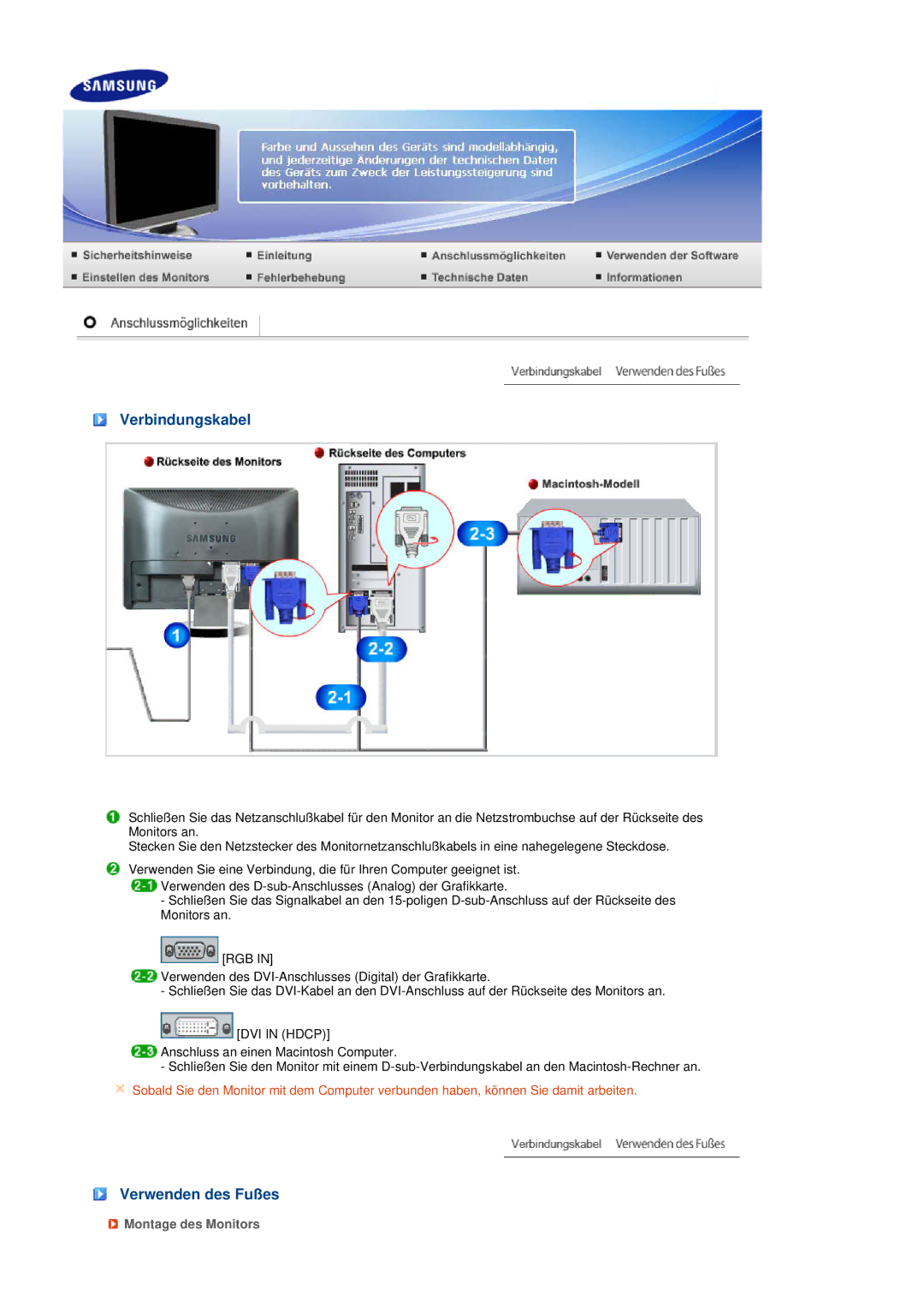 Samsung LS20MEWSFV/EDC, LS22MEWSFV/EDC, LS22MEHSFV/EDC manual Verbindungskabel, Verwenden des Fußes, Montage des Monitors 