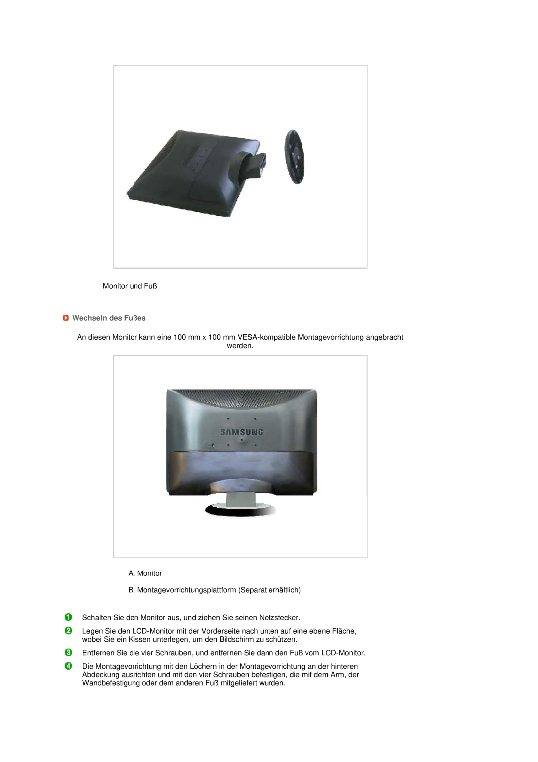 Samsung LS22MEWSFV/EDC, LS20MEWSFV/EDC, LS22MEHSFV/EDC, LS20MEHSFV/EDC manual Wechseln des Fußes 