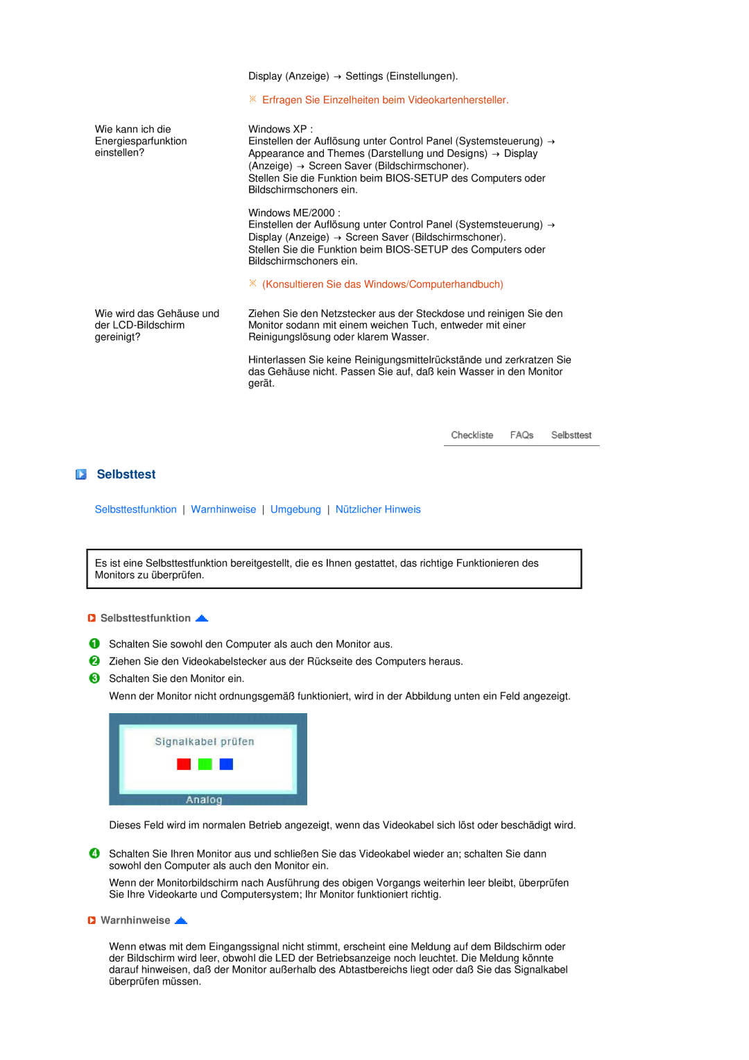 Samsung LS22MEHSFV/EDC, LS20MEWSFV/EDC, LS22MEWSFV/EDC, LS20MEHSFV/EDC manual Selbsttestfunktion, Warnhinweise 