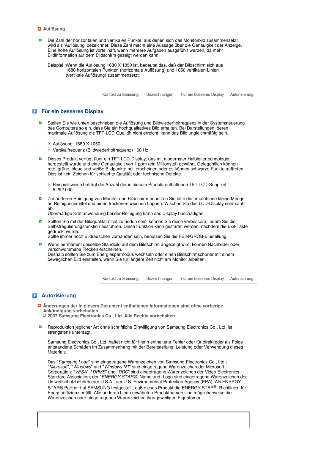 Samsung LS20MEHSFV/EDC, LS20MEWSFV/EDC, LS22MEWSFV/EDC, LS22MEHSFV/EDC Für ein besseres Display, Autorisierung, Auflösung 