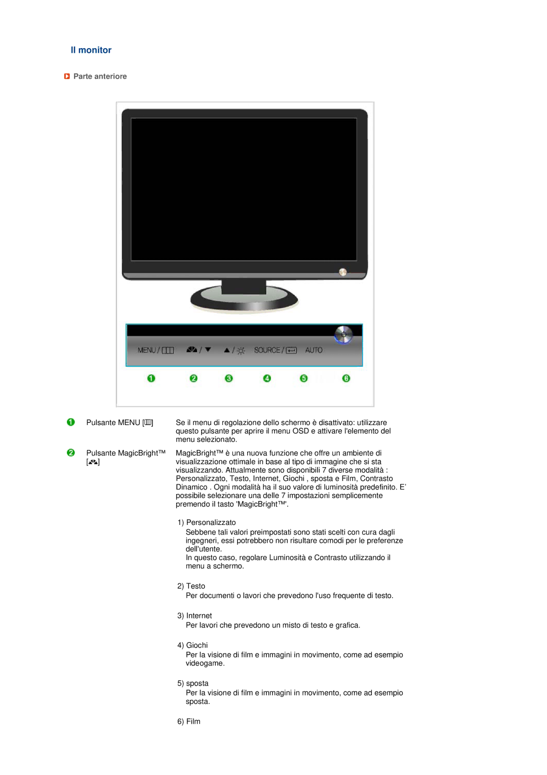 Samsung LS20MEHSFV/CLT, LS20MEWSFV/EDC, LS22MEWSFV/EDC, LS22MEHSFV/EDC, LS20MEHSFV/EDC manual Il monitor, Parte anteriore 