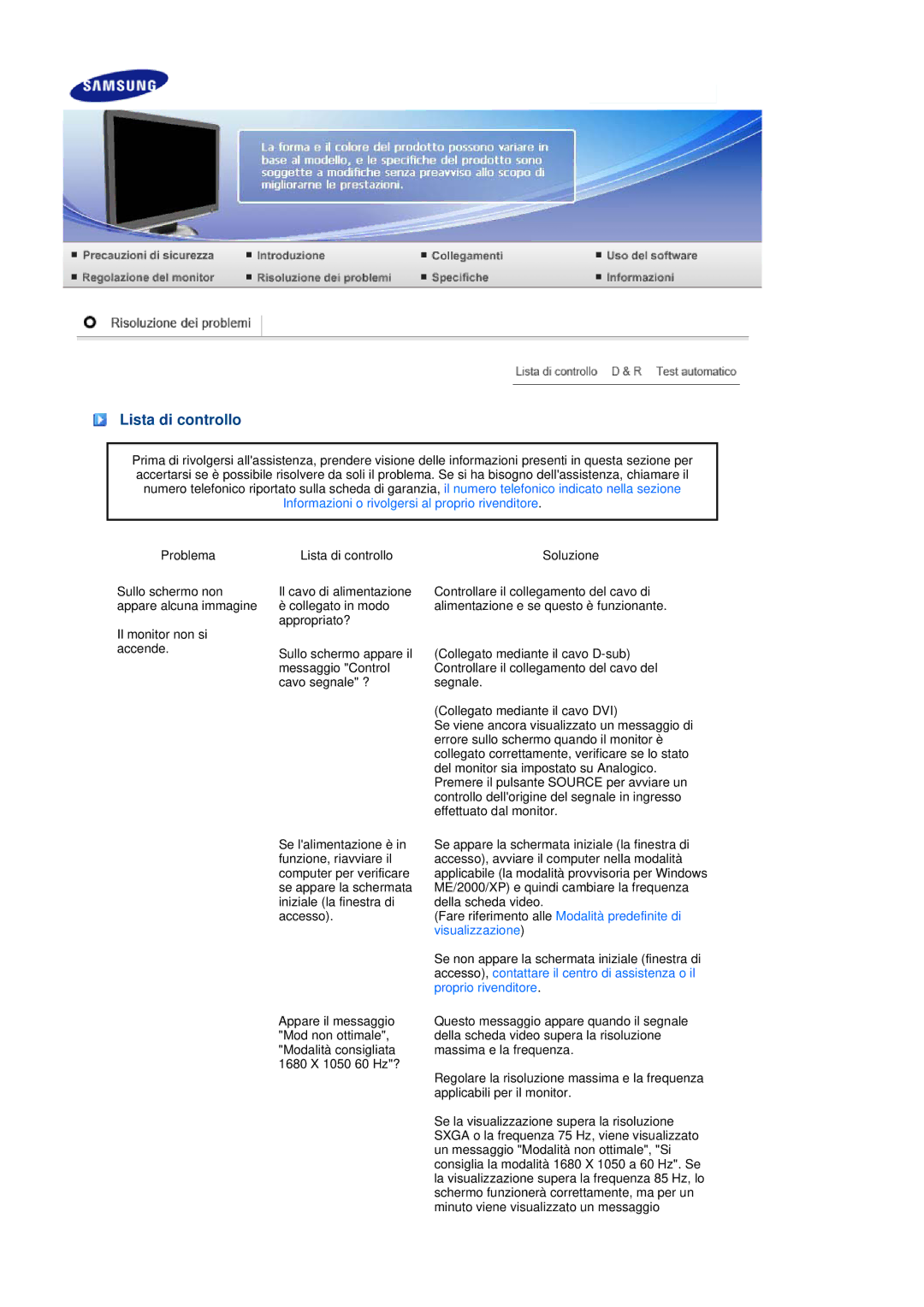 Samsung LS22MEWSFV/CLT, LS20MEWSFV/EDC, LS22MEWSFV/EDC, LS22MEHSFV/EDC, LS20MEHSFV/EDC, LS22MEHSFV/CLT manual Lista di controllo 