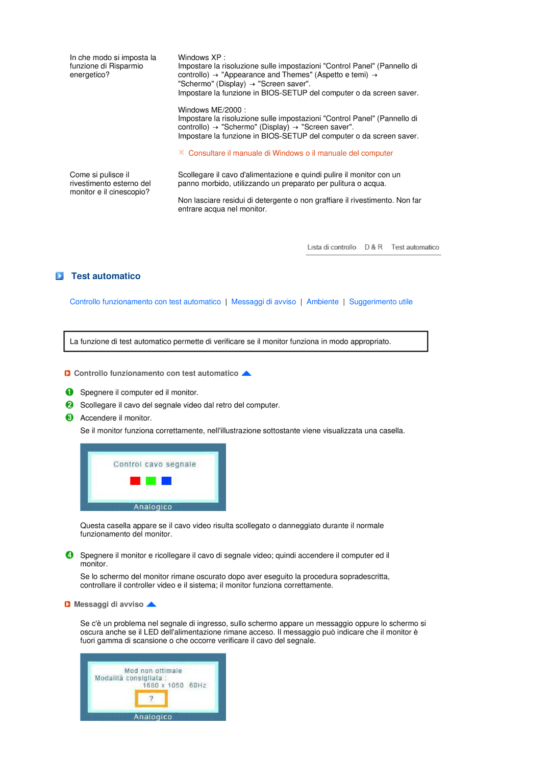 Samsung LS22MEHSFV/EDC, LS20MEWSFV/EDC Test automatico, Controllo funzionamento con test automatico, Messaggi di avviso 