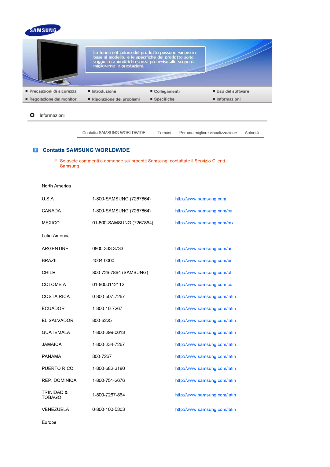 Samsung LS22MEHSFV/CLT, LS20MEWSFV/EDC, LS22MEWSFV/EDC, LS22MEHSFV/EDC, LS20MEHSFV/EDC manual Contatta Samsung Worldwide 