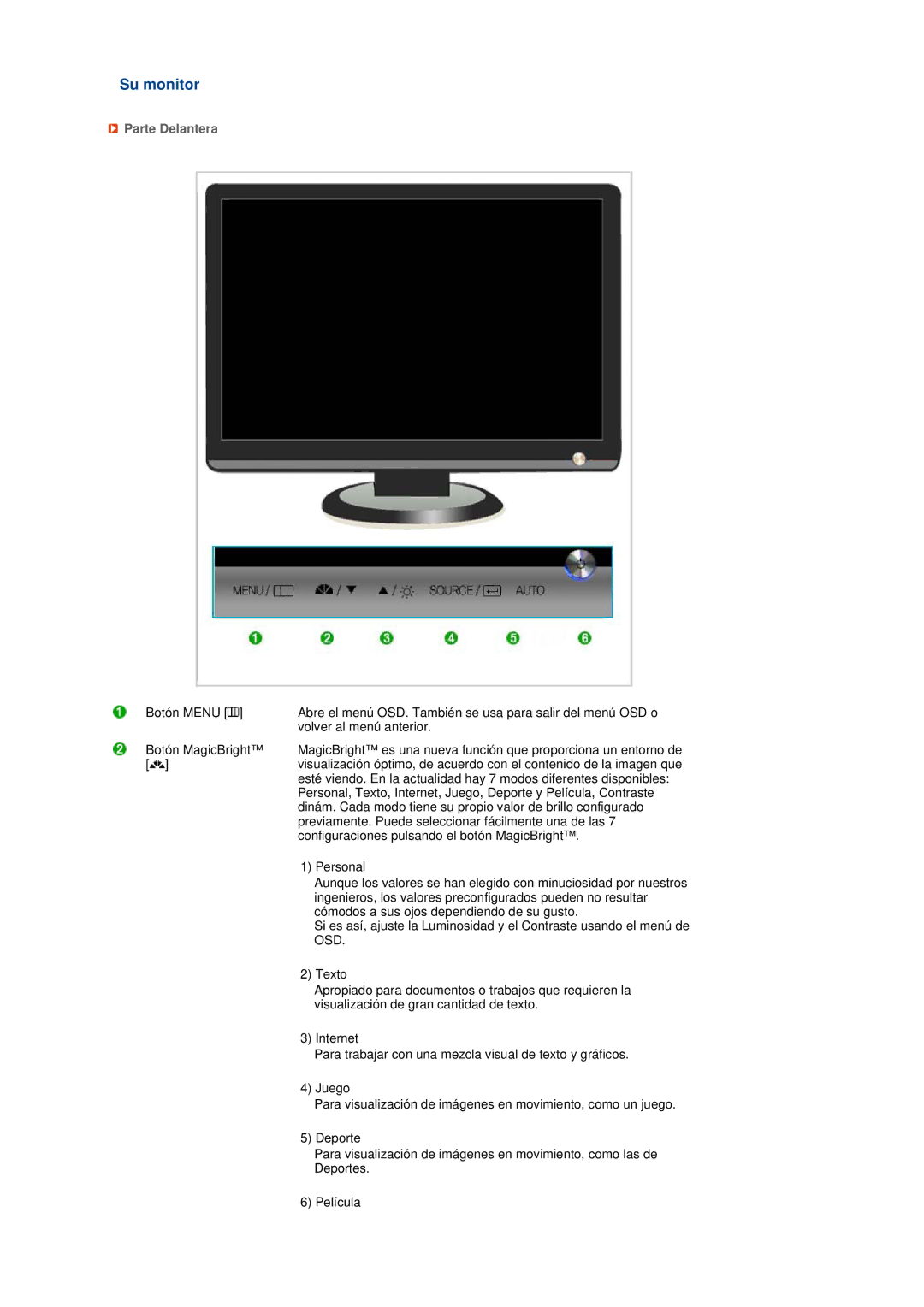 Samsung LS22MEWSFV/EDC, LS20MEWSFV/EDC, LS22MEHSFV/EDC, LS20MEHSFV/EDC manual Su monitor, Parte Delantera 