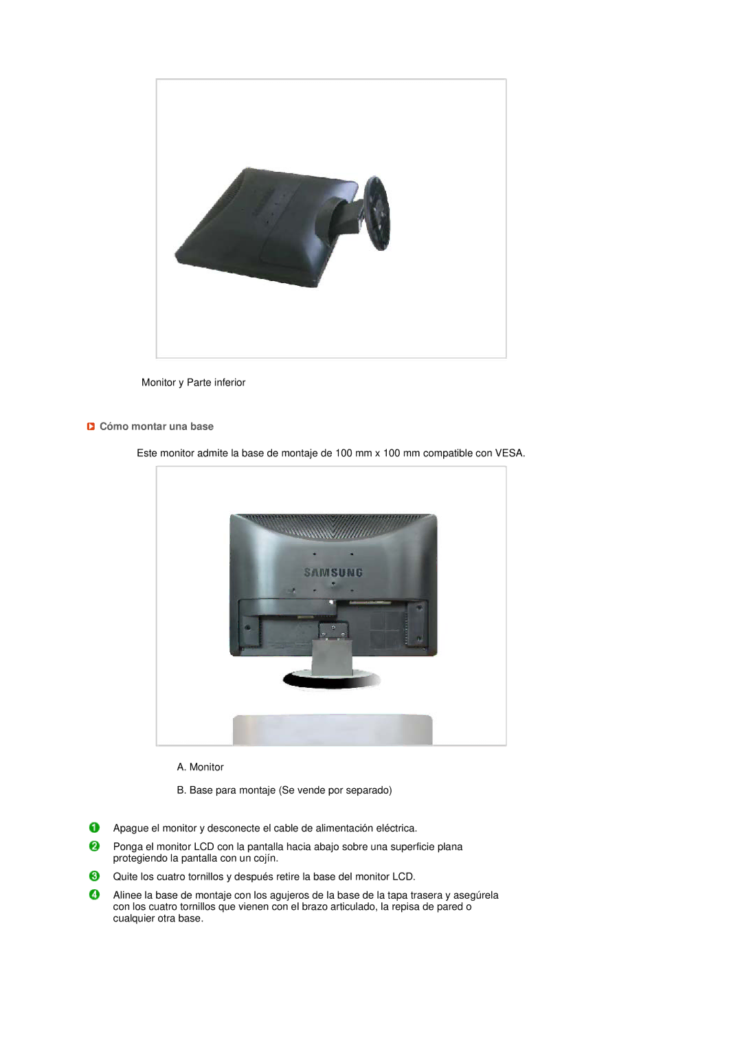 Samsung LS22MEWSFV/EDC, LS20MEWSFV/EDC, LS22MEHSFV/EDC, LS20MEHSFV/EDC manual Cómo montar una base 