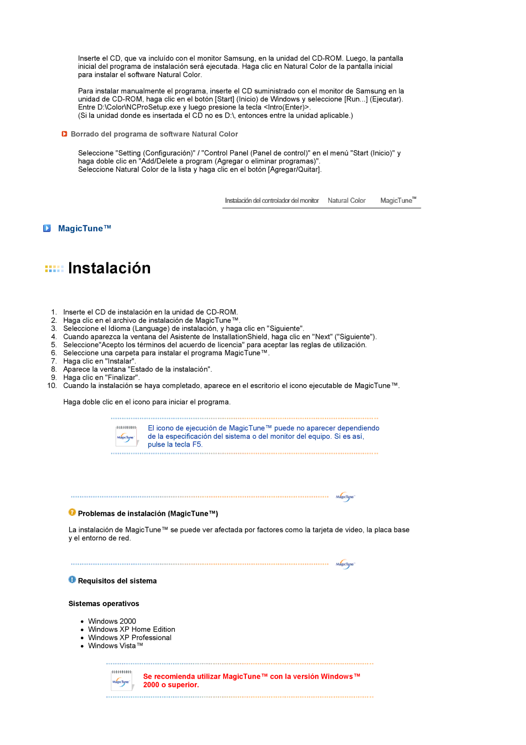 Samsung LS22MEHSFV/EDC, LS20MEWSFV/EDC, LS22MEWSFV/EDC manual MagicTune, Borrado del programa de software Natural Color 