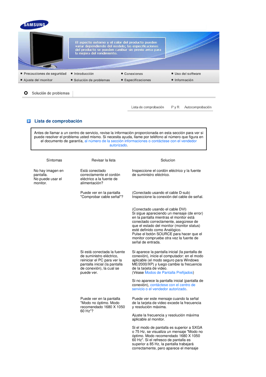 Samsung LS20MEHSFV/EDC, LS20MEWSFV/EDC, LS22MEWSFV/EDC manual Lista de comprobación, Véase Modos de Pantalla Prefijados 