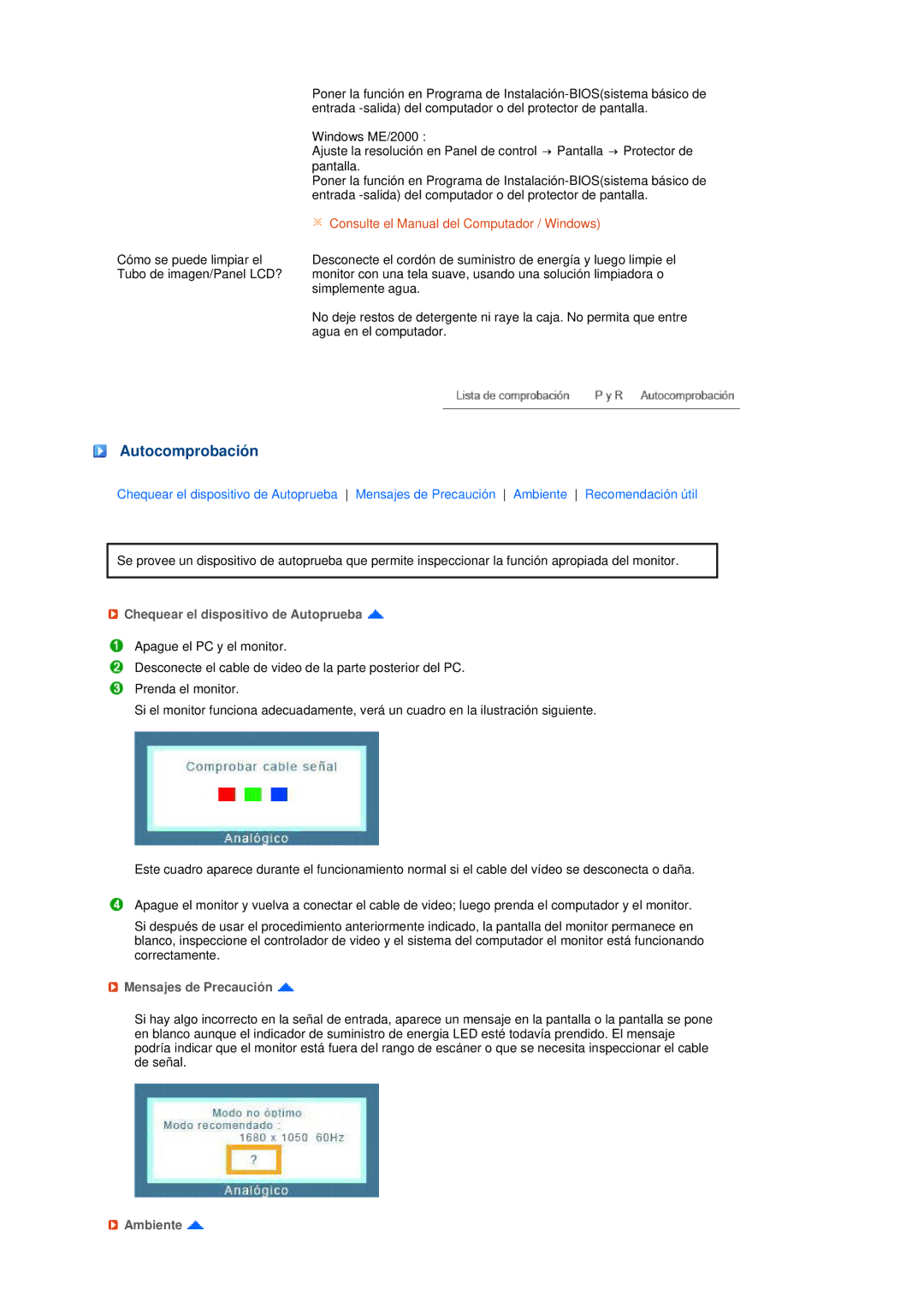 Samsung LS22MEHSFV/EDC manual Autocomprobación, Chequear el dispositivo de Autoprueba, Mensajes de Precaución, Ambiente 