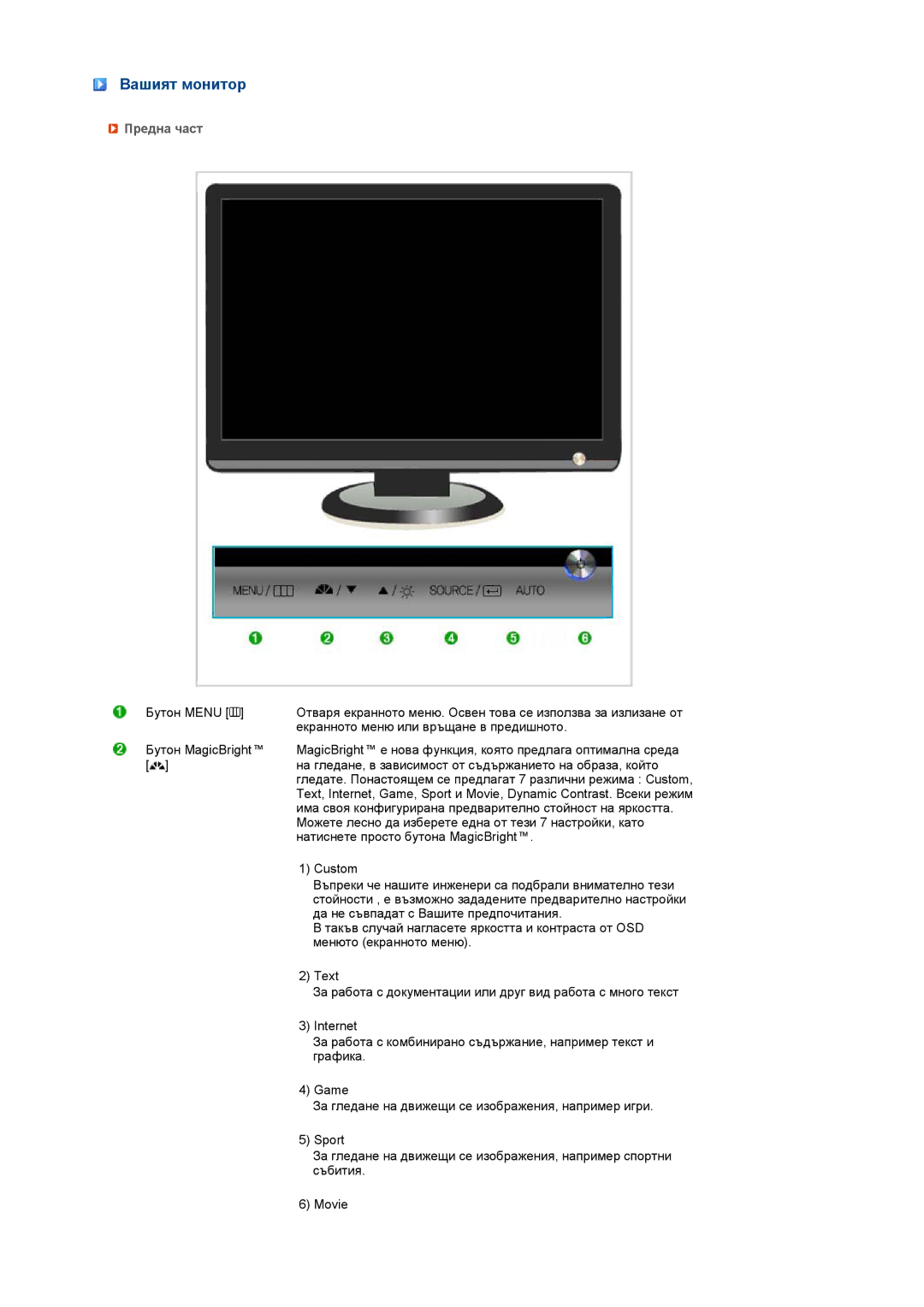 Samsung LS22MEWSFV/EDC, LS20MEWSFV/EDC, LS22MEHSFV/EDC, LS20MEHSFV/EDC manual Вашият монитор, Предна част 