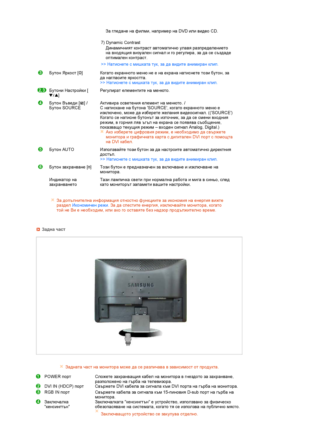 Samsung LS22MEHSFV/EDC, LS20MEWSFV/EDC, LS22MEWSFV/EDC manual Натиснете с мишката тук, за да видите анимиран клип, Задна част 