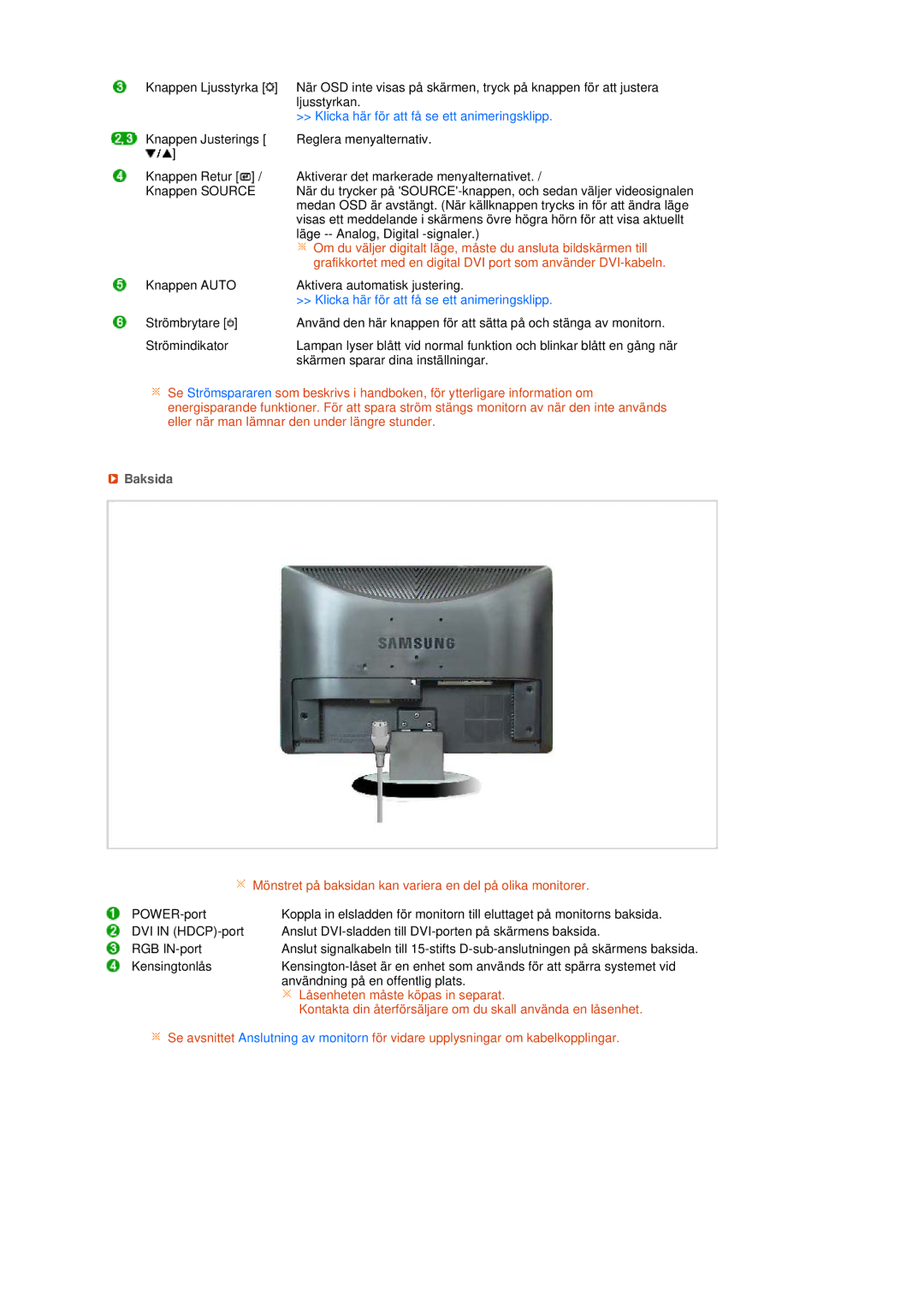 Samsung LS22MEHSFV/EDC, LS20MEWSFV/EDC, LS22MEWSFV/EDC Baksida, Mönstret på baksidan kan variera en del på olika monitorer 