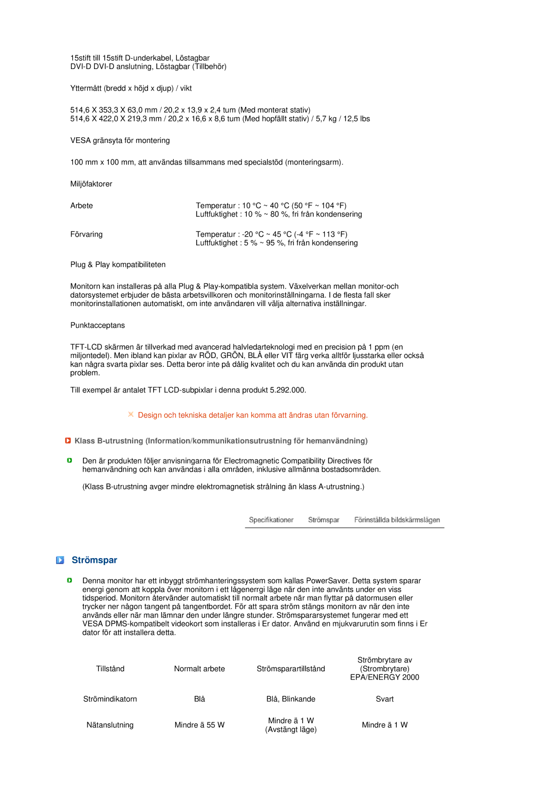 Samsung LS20MEHSFV/EDC, LS20MEWSFV/EDC, LS22MEWSFV/EDC, LS22MEHSFV/EDC manual Strömspar 