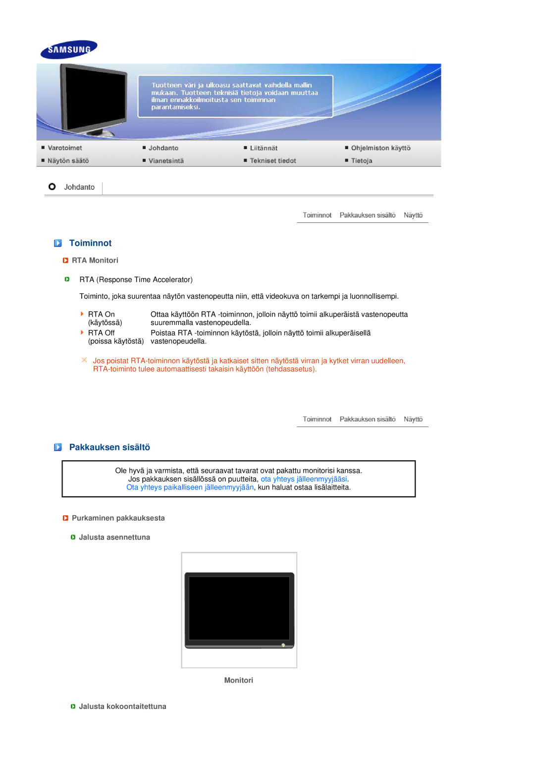 Samsung LS20MEHSFV/EDC, LS20MEWSFV/EDC, LS22MEWSFV/EDC, LS22MEHSFV/EDC manual Toiminnot, Pakkauksen sisältö, RTA Monitori 