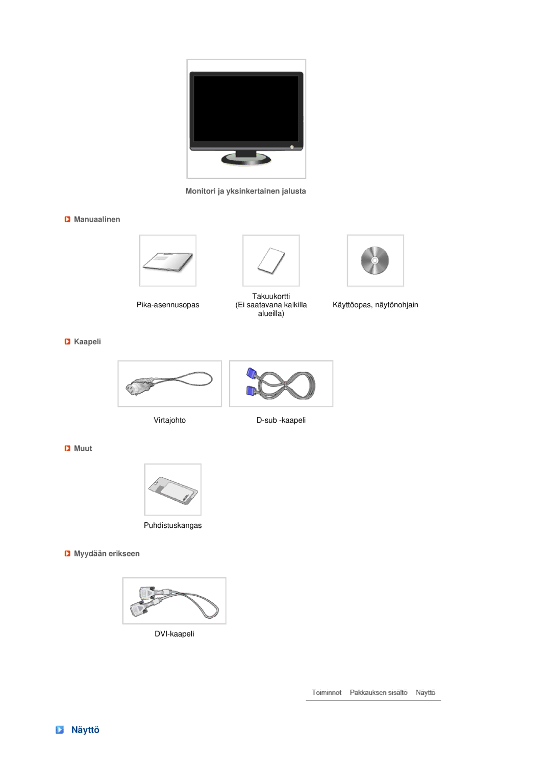 Samsung LS20MEWSFV/EDC manual Näyttö, Monitori ja yksinkertainen jalusta Manuaalinen, Kaapeli, Muut, Myydään erikseen 