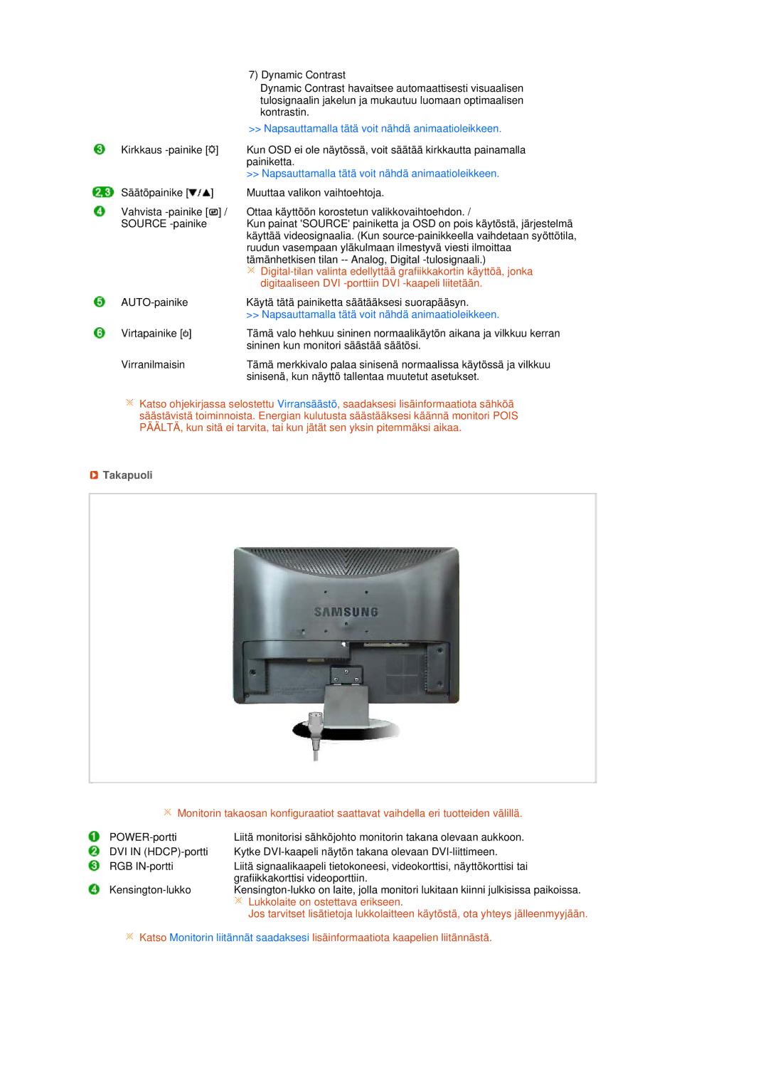 Samsung LS22MEHSFV/EDC, LS20MEWSFV/EDC, LS22MEWSFV/EDC manual Digitaaliseen DVI -porttiin DVI -kaapeli liitetään, Takapuoli 