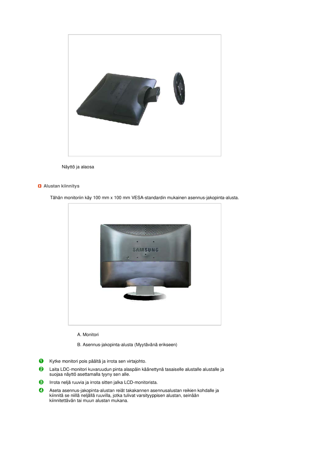 Samsung LS20MEWSFV/EDC, LS22MEWSFV/EDC, LS22MEHSFV/EDC, LS20MEHSFV/EDC manual Alustan kiinnitys 