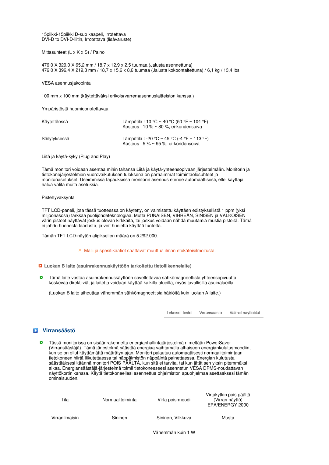 Samsung LS22MEWSFV/EDC, LS20MEWSFV/EDC, LS22MEHSFV/EDC, LS20MEHSFV/EDC manual Virransäästö, Epa/Energy 