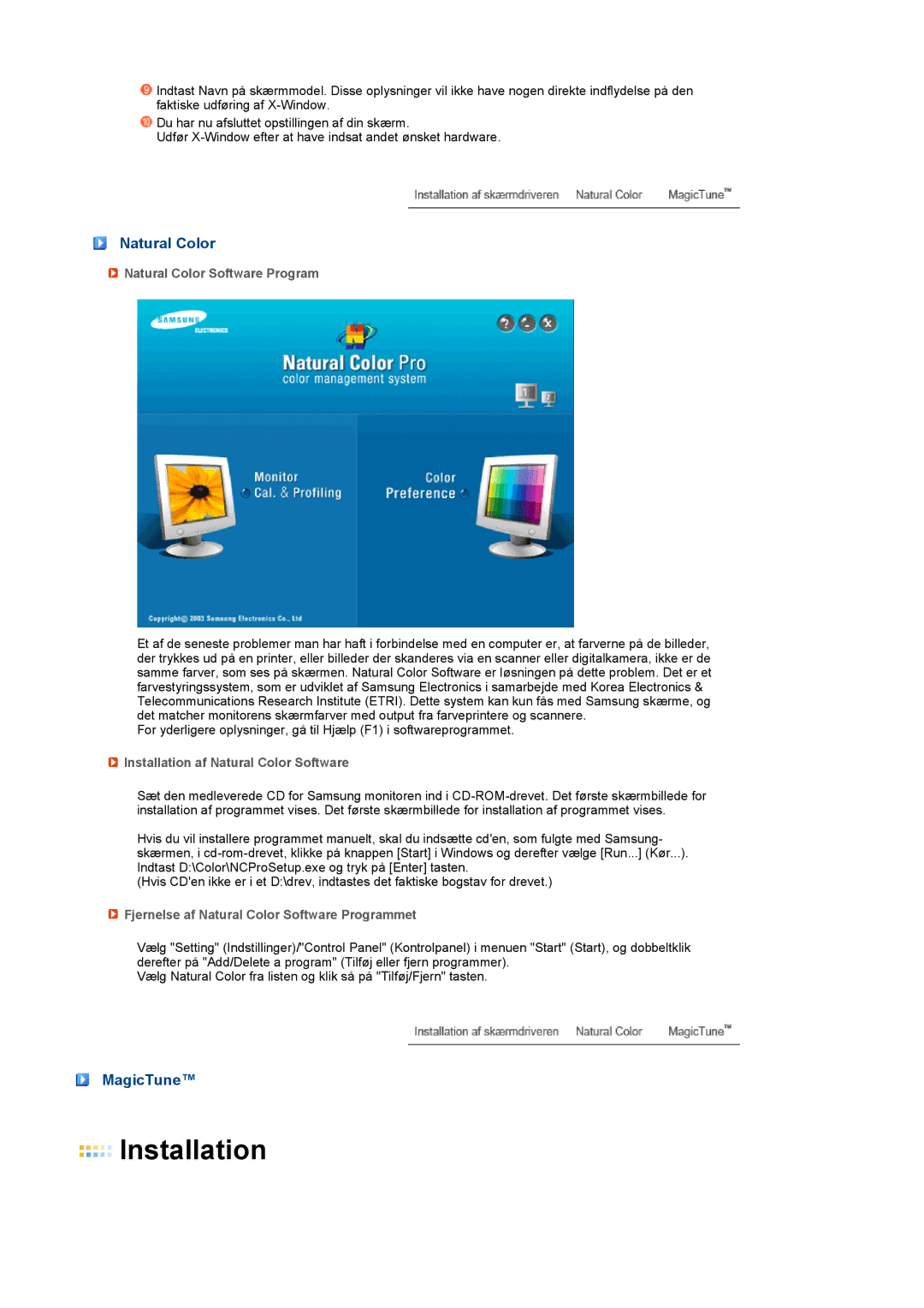 Samsung LS20MEWSFV/EDC manual MagicTune, Natural Color Software Program, Installation af Natural Color Software 