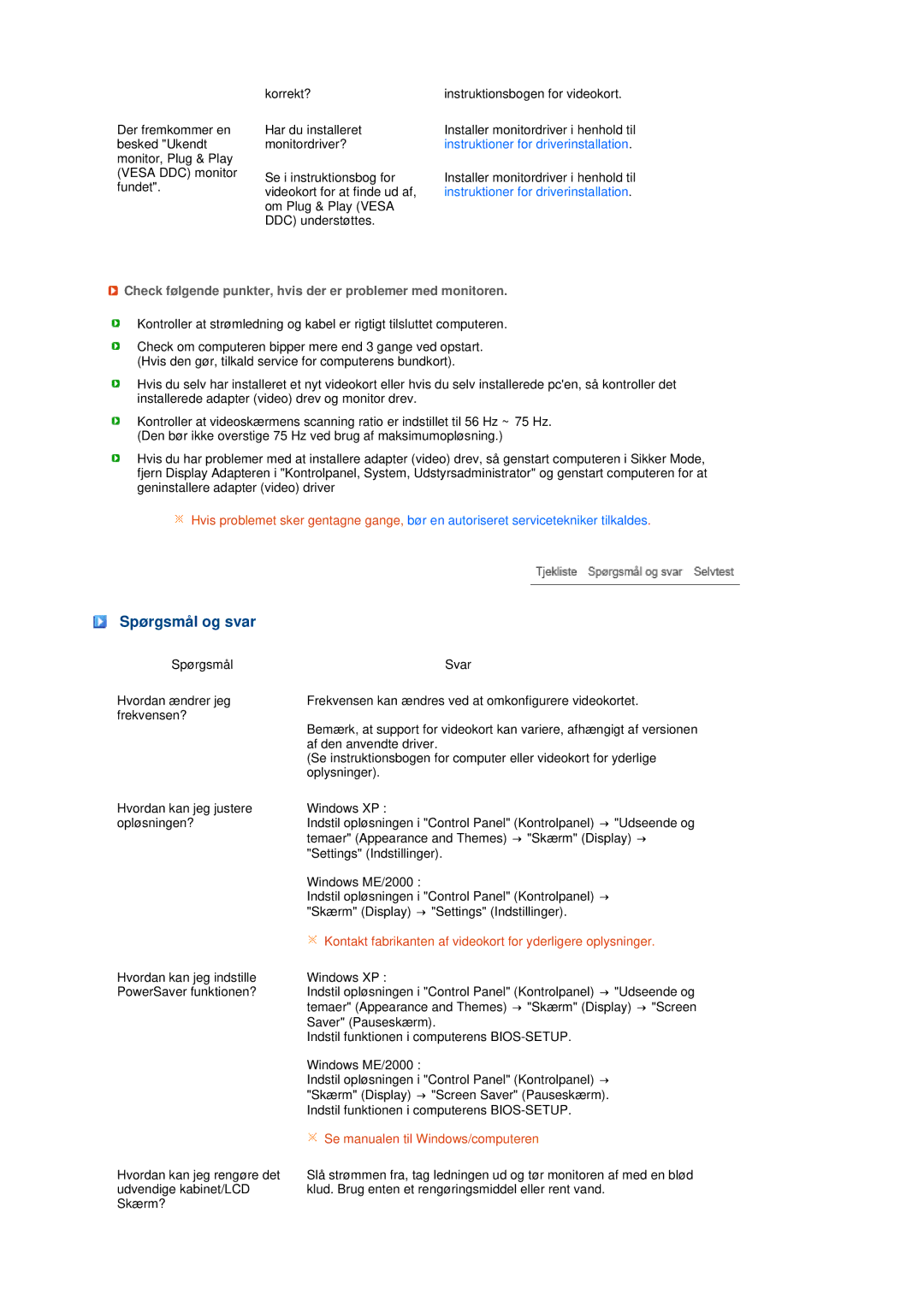 Samsung LS20MEHSFV/EDC, LS20MEWSFV/EDC manual Spørgsmål og svar, Check følgende punkter, hvis der er problemer med monitoren 