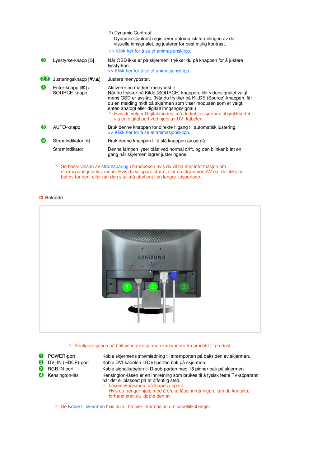 Samsung LS22MEHSFV/EDC, LS20MEWSFV/EDC, LS22MEWSFV/EDC, LS20MEHSFV/EDC manual Klikk her for å se et animasjonsklipp, Bakside 