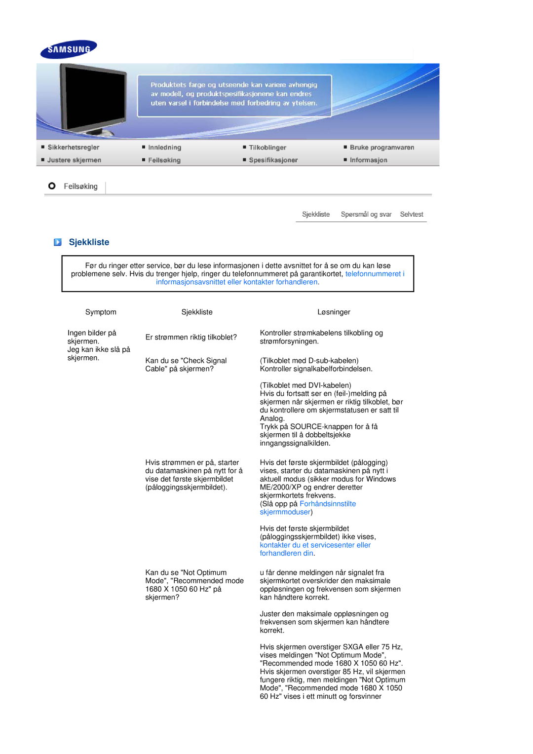 Samsung LS20MEWSFV/EDC, LS22MEWSFV/EDC, LS22MEHSFV/EDC manual Sjekkliste, Informasjonsavsnittet eller kontakter forhandleren 