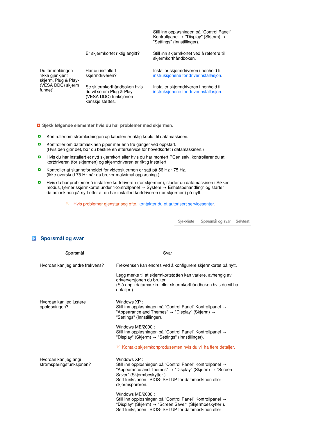 Samsung LS22MEHSFV/EDC, LS20MEWSFV/EDC manual Spørsmål og svar, Sjekk følgende elementer hvis du har problemer med skjermen 