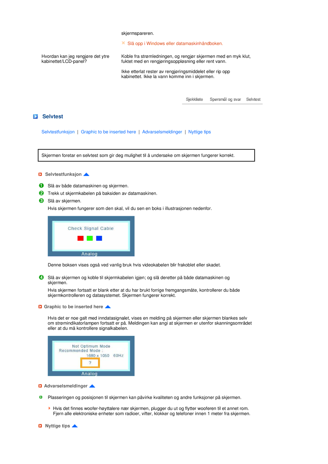 Samsung LS20MEHSFV/EDC, LS20MEWSFV/EDC, LS22MEWSFV/EDC manual Selvtestfunksjon, Graphic to be inserted here, Nyttige tips 