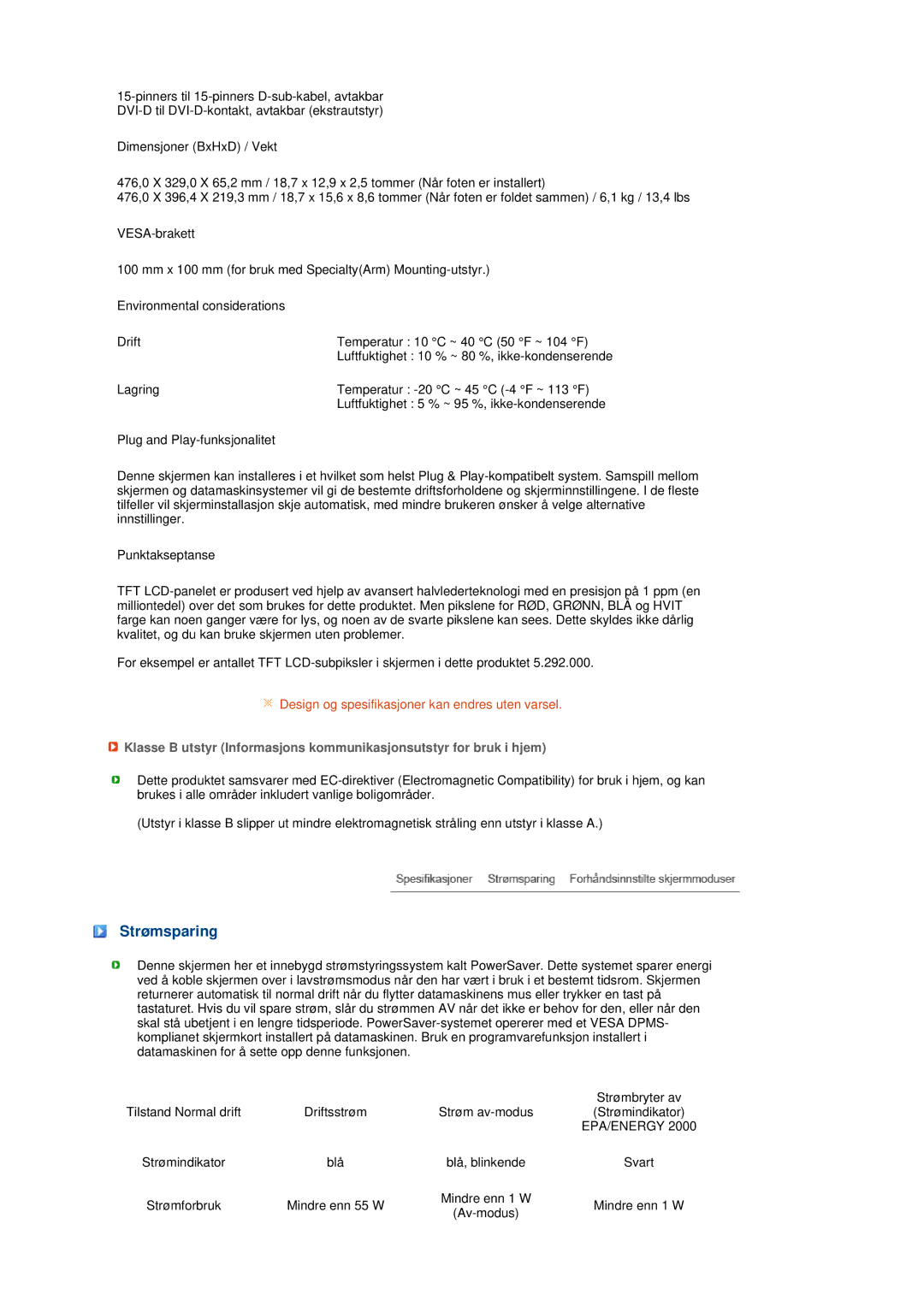 Samsung LS22MEHSFV/EDC, LS20MEWSFV/EDC, LS22MEWSFV/EDC, LS20MEHSFV/EDC manual Strømsparing, Epa/Energy 