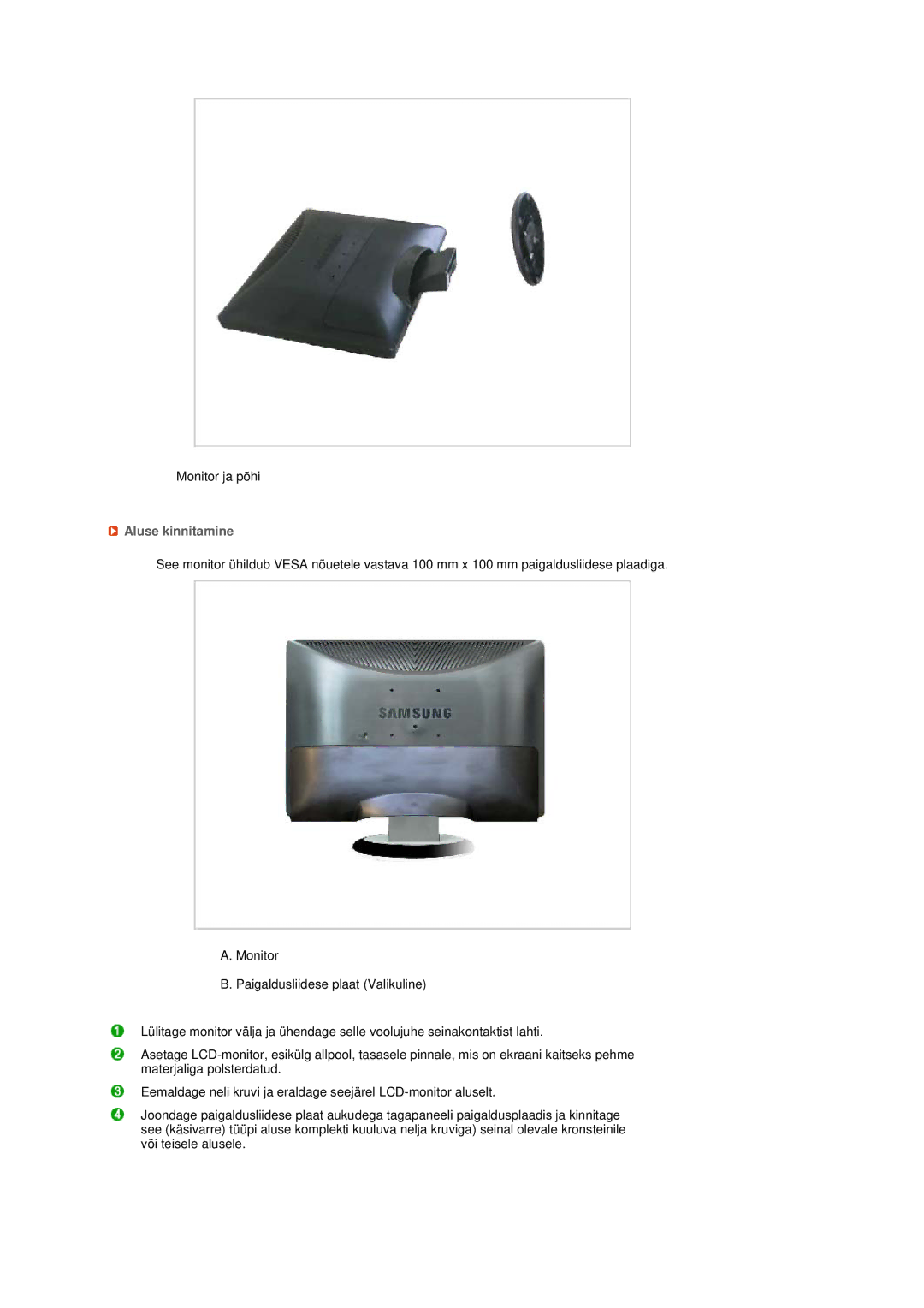 Samsung LS20MEWSFV/EDC, LS22MEWSFV/EDC, LS22MEHSFV/EDC, LS20MEHSFV/EDC manual Aluse kinnitamine 