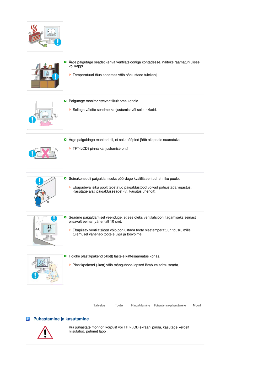 Samsung LS22MEWSFV/EDC, LS20MEWSFV/EDC, LS22MEHSFV/EDC, LS20MEHSFV/EDC manual Puhastamine ja kasutamine 