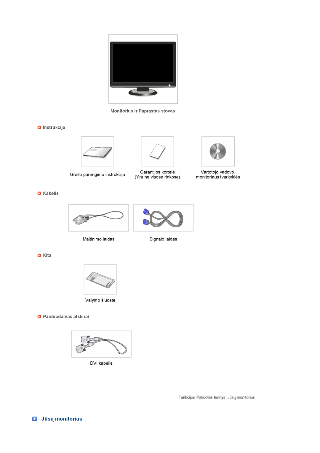 Samsung LS20MEWSFV/EDC Jūsų monitorius, Monitorius ir Paprastas stovas Instrukcija, Kabelis, Kita, Parduodamas atskirai 