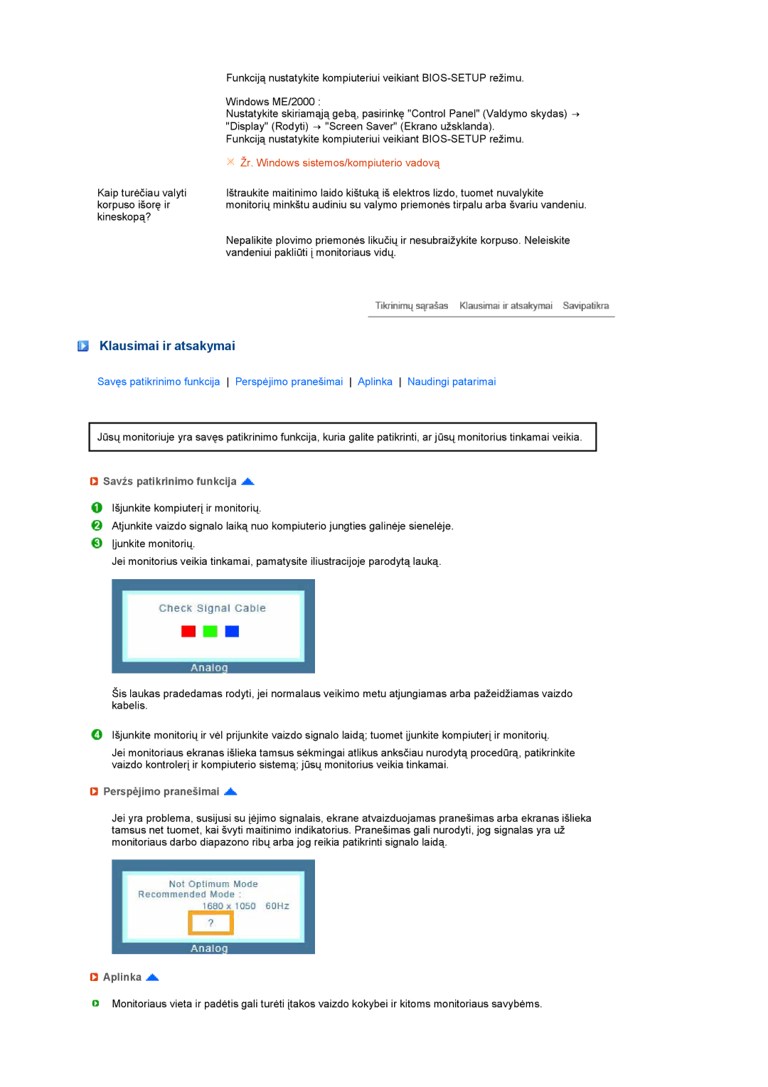 Samsung LS22MEWSFV/EDC, LS20MEWSFV/EDC, LS22MEHSFV/EDC manual Savźs patikrinimo funkcija, Perspėjimo pranešimai, Aplinka 