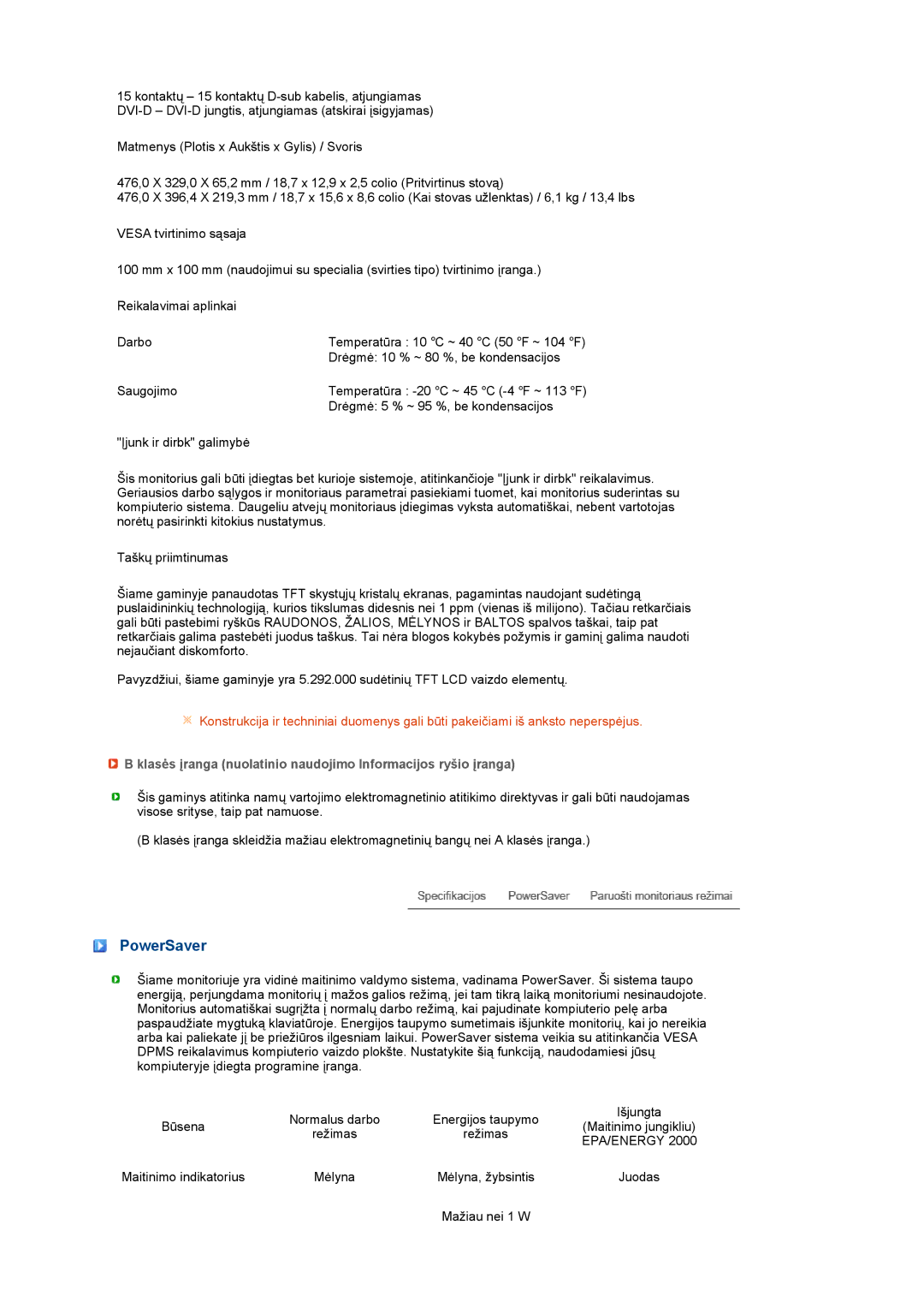 Samsung LS20MEWSFV/EDC, LS22MEWSFV/EDC manual PowerSaver, Klasės įranga nuolatinio naudojimo Informacijos ryšio įranga 