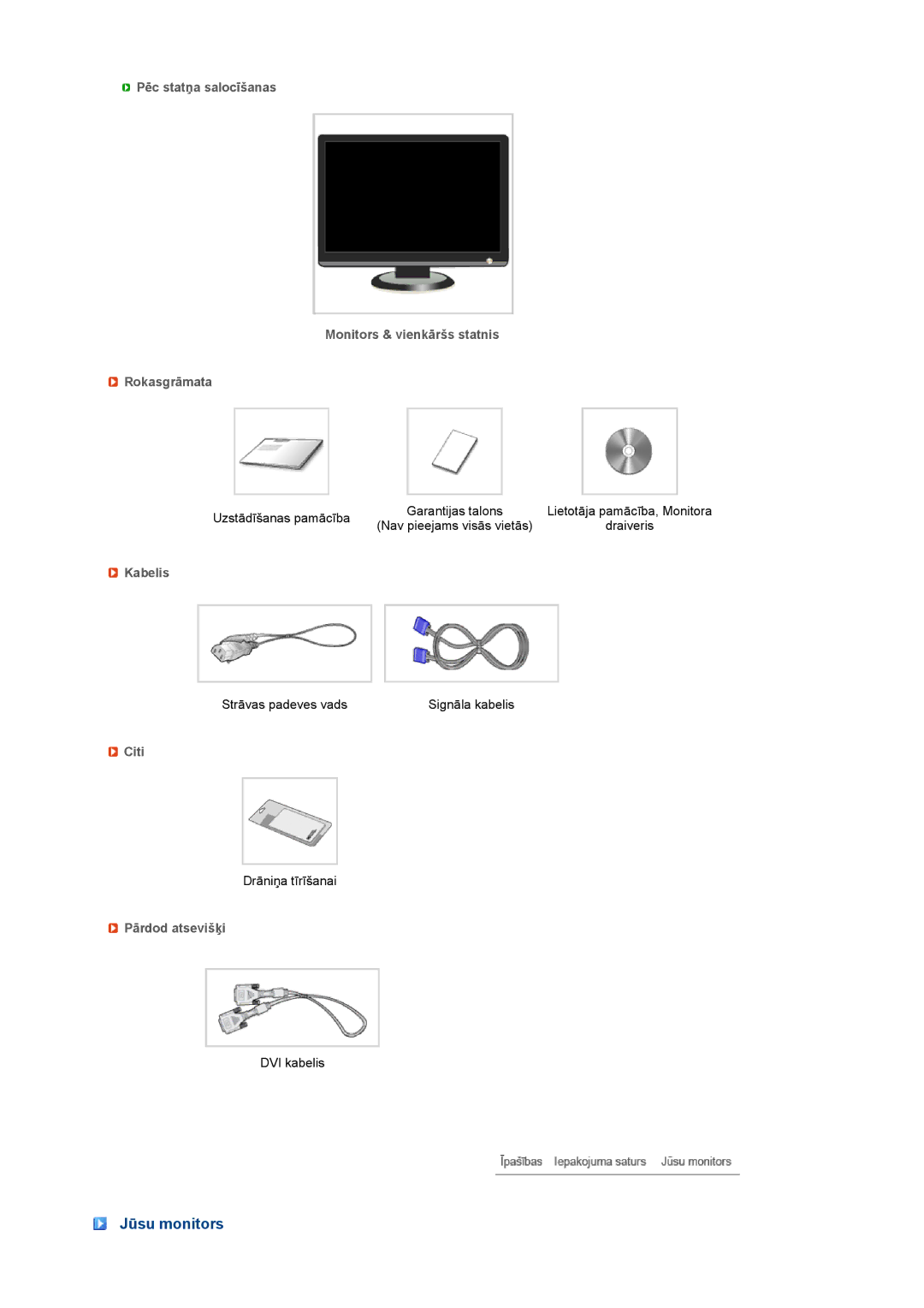 Samsung LS20MEWSFV/EDC, LS22MEWSFV/EDC, LS22MEHSFV/EDC, LS20MEHSFV/EDC manual Jūsu monitors, Kabelis, Citi, Pārdod atsevišķi 