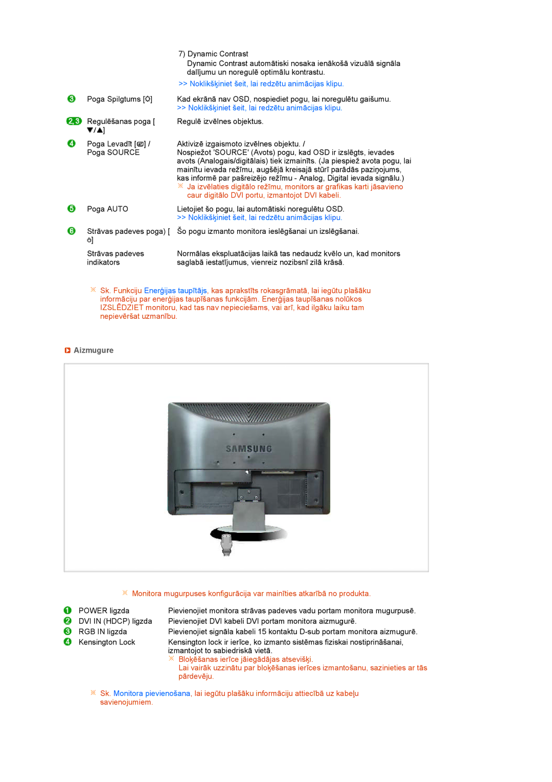 Samsung LS22MEHSFV/EDC, LS20MEWSFV/EDC, LS22MEWSFV/EDC manual Caur digitālo DVI portu, izmantojot DVI kabeli, Aizmugure 