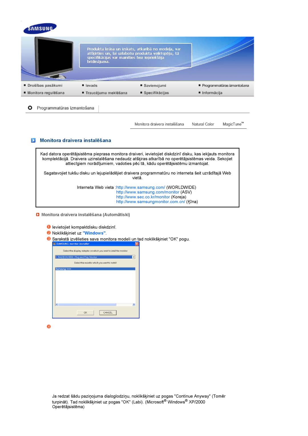 Samsung LS22MEWSFV/EDC, LS20MEWSFV/EDC, LS22MEHSFV/EDC, LS20MEHSFV/EDC manual Monitora draivera instalēšana Automātiski 