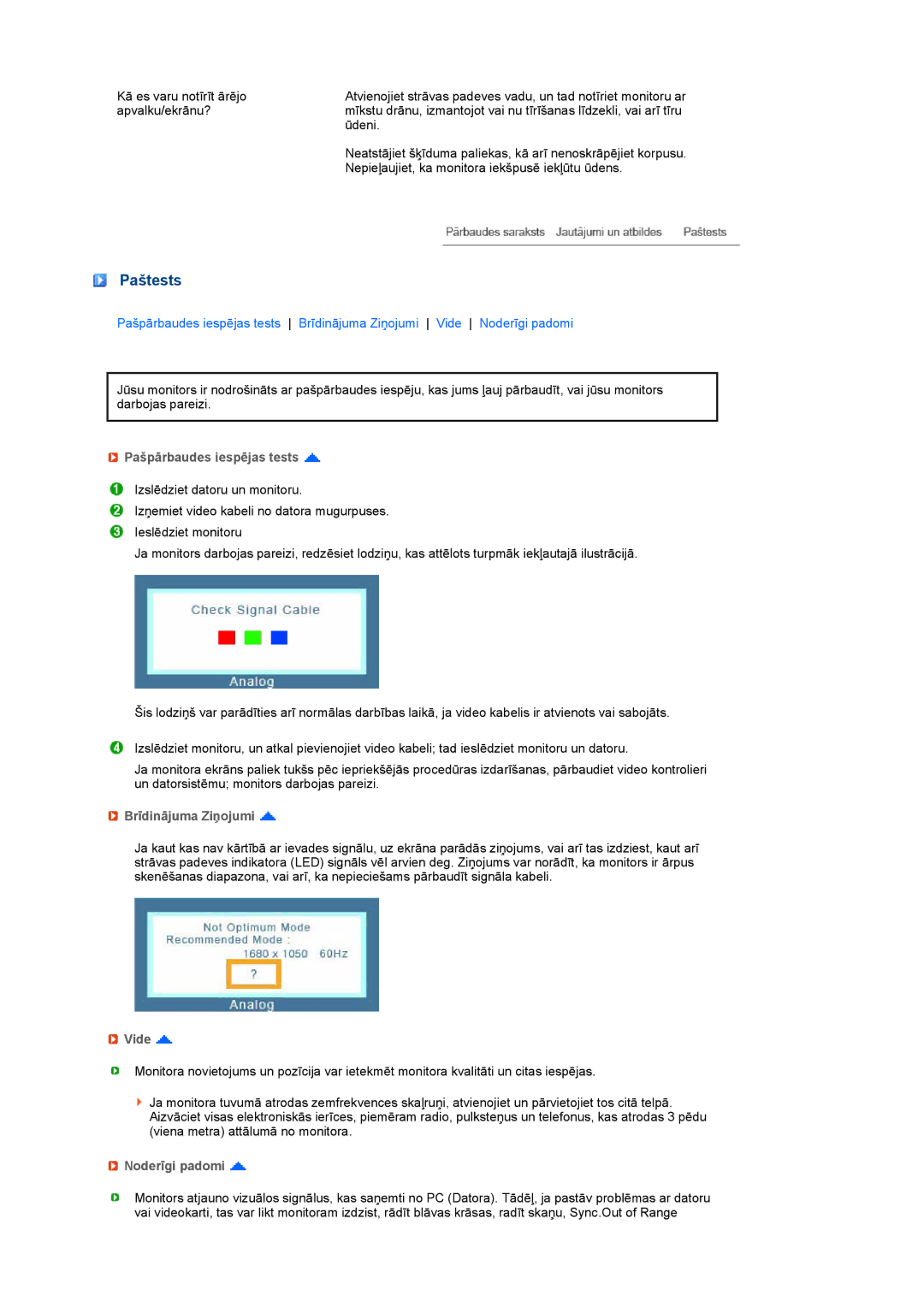 Samsung LS20MEWSFV/EDC, LS22MEWSFV/EDC Paštests, Pašpārbaudes iespējas tests, Brīdinājuma Ziņojumi, Vide, Noderīgi padomi 