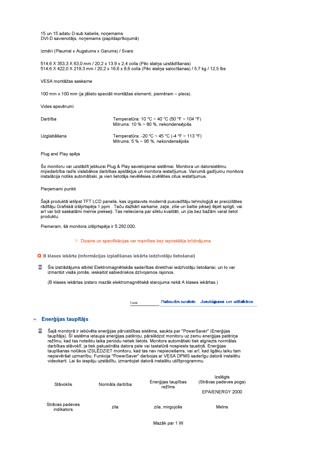 Samsung LS20MEHSFV/EDC, LS20MEWSFV/EDC, LS22MEWSFV/EDC, LS22MEHSFV/EDC manual Enerģijas taupītājs 