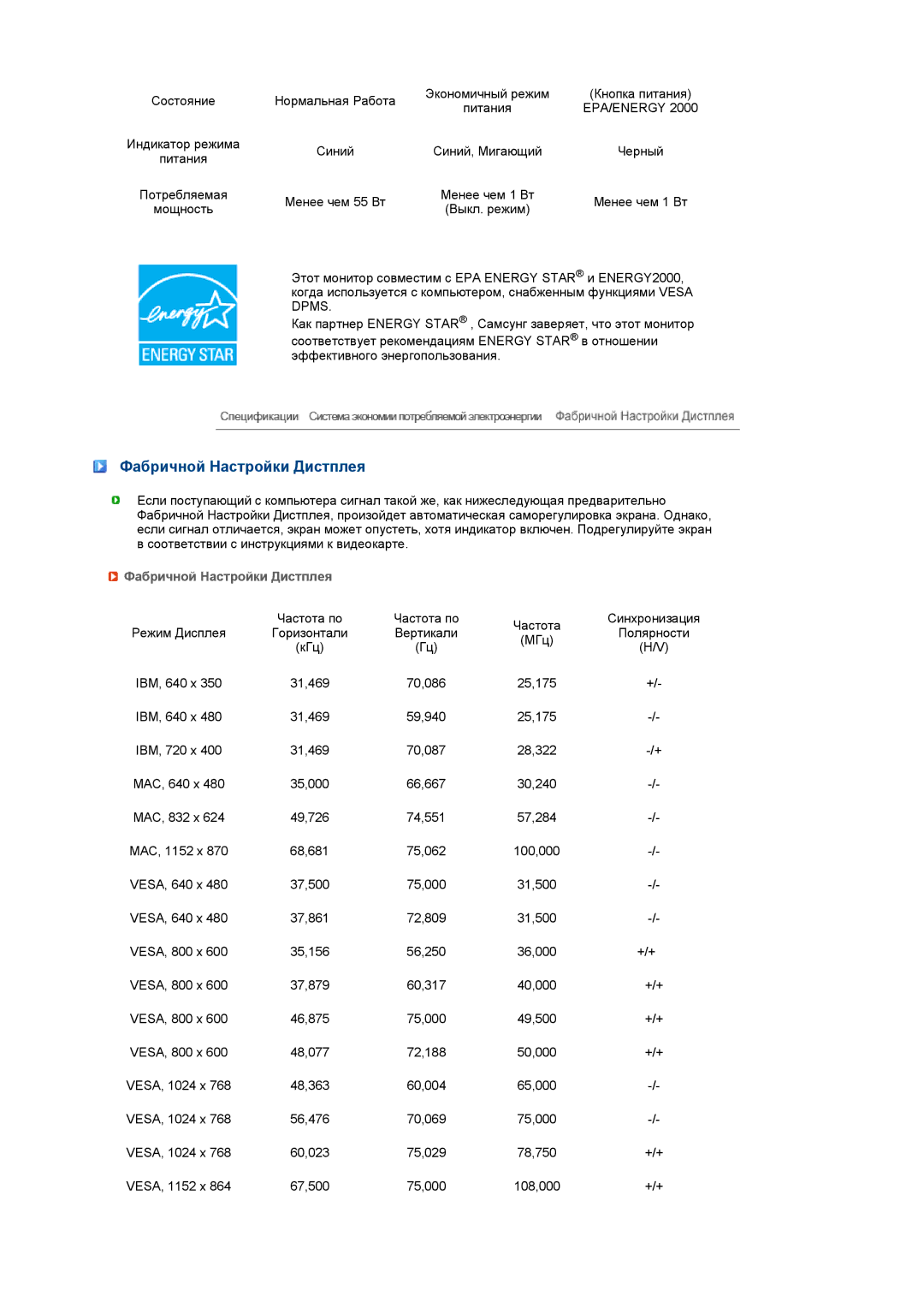 Samsung LS22MEWSFV/EDC, LS20MEWSFV/EDC, LS22MEHSFV/EDC, LS20MEHSFV/EDC manual Фабричной Настройки Дистплея, Epa/Energy 