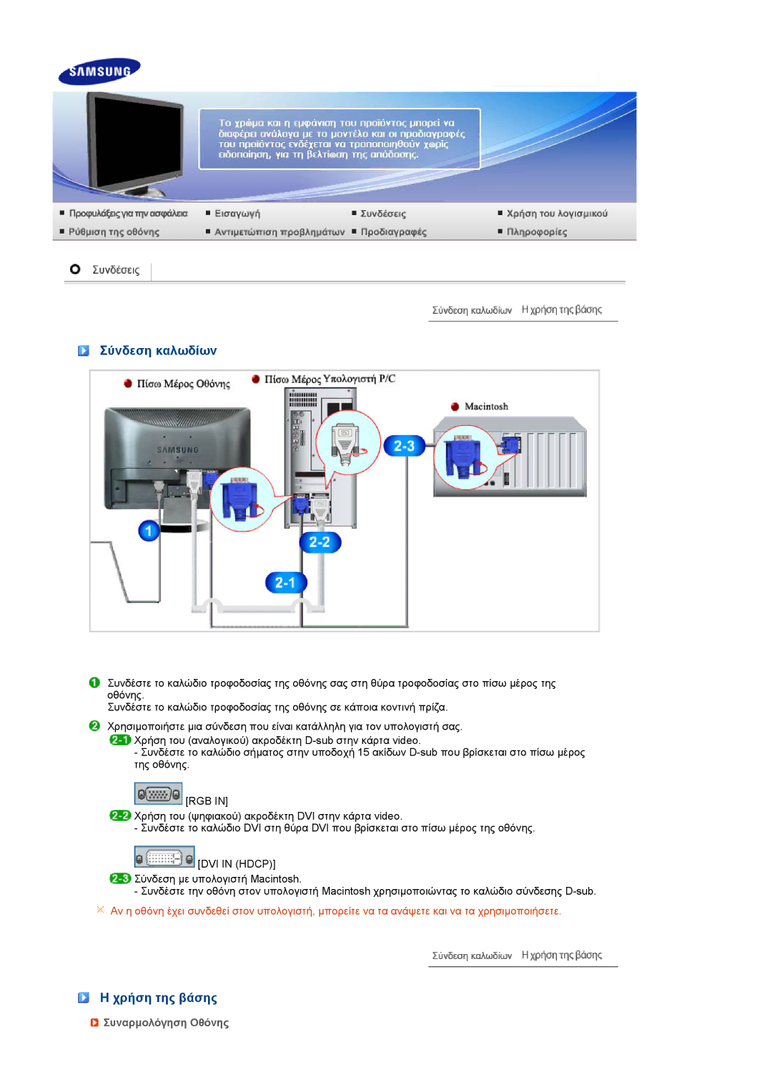 Samsung LS20MEWSFV/EDC, LS22MEWSFV/EDC, LS22MEHSFV/EDC manual Σύνδεση καλωδίων, Χρήση της βάσης, Συναρµολόγηση Οθόνης 