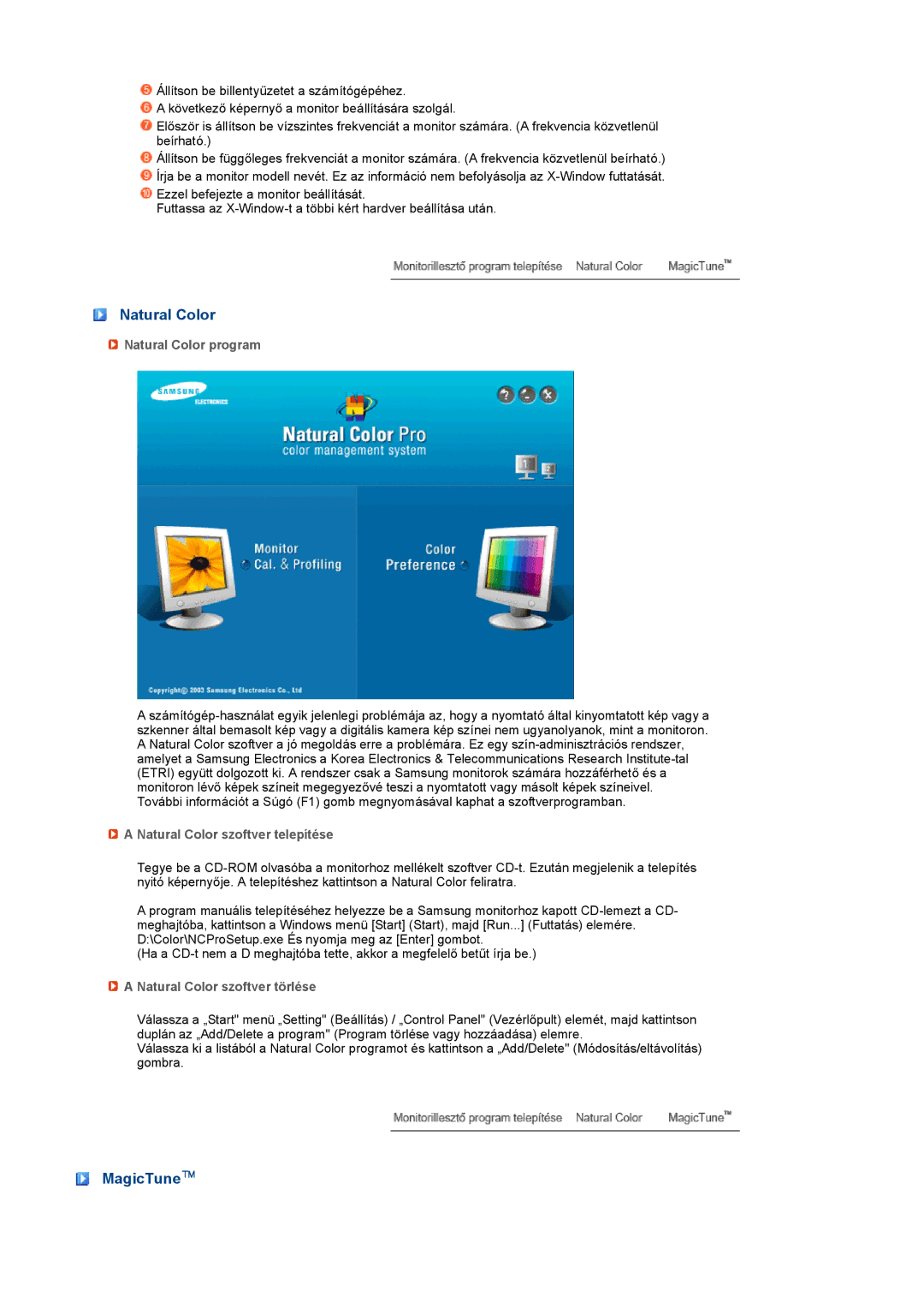 Samsung LS22MEHSFV/TRU, LS20MEWSFV/EDC manual MagicTune, Natural Color program, Natural Color szoftver telepítése 