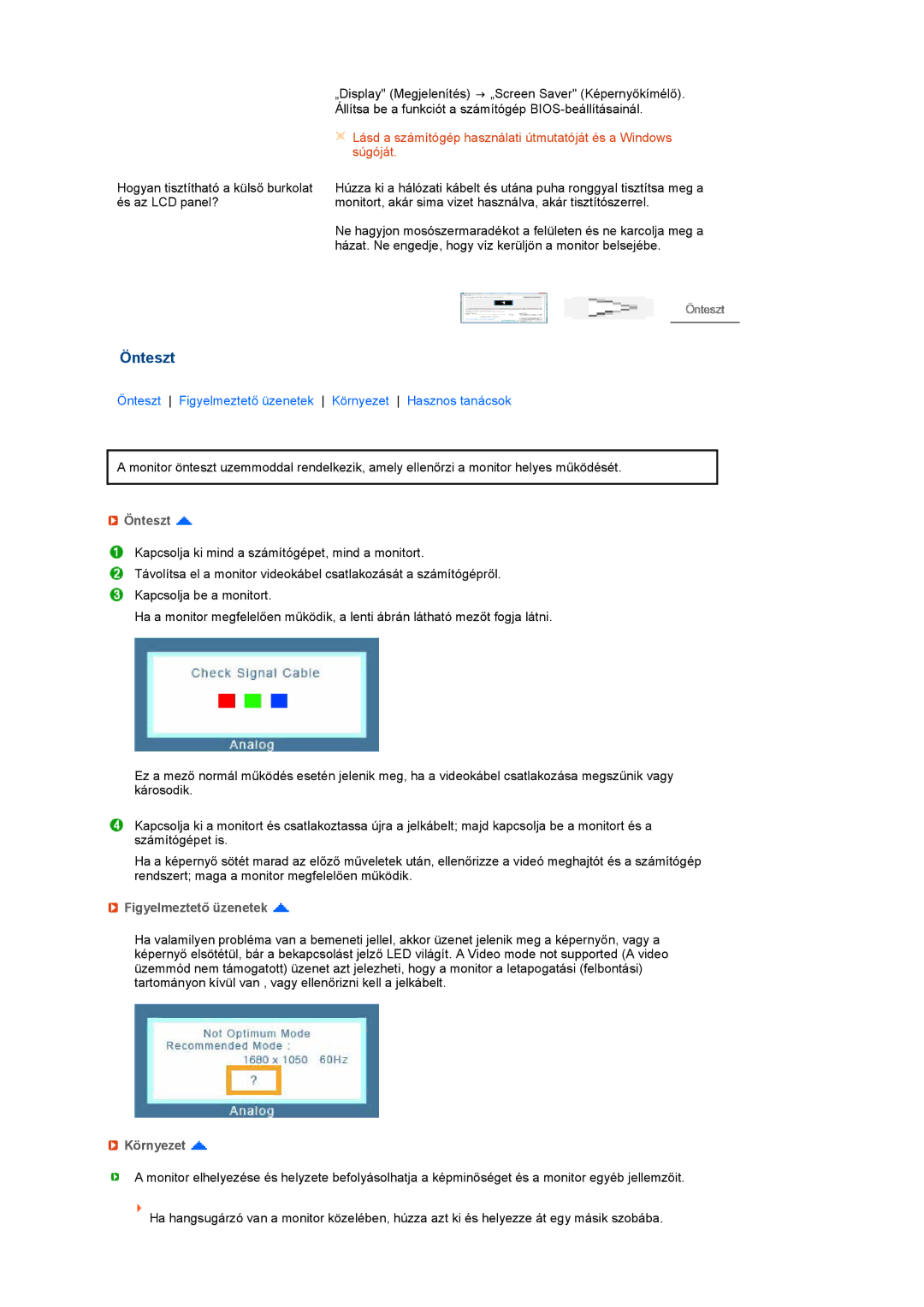 Samsung LS20MEHSFV/TRU, LS20MEWSFV/EDC, LS22MEWSFV/EDC, LS22MEHSFV/EDC manual Önteszt, Figyelmeztető üzenetek, Környezet 