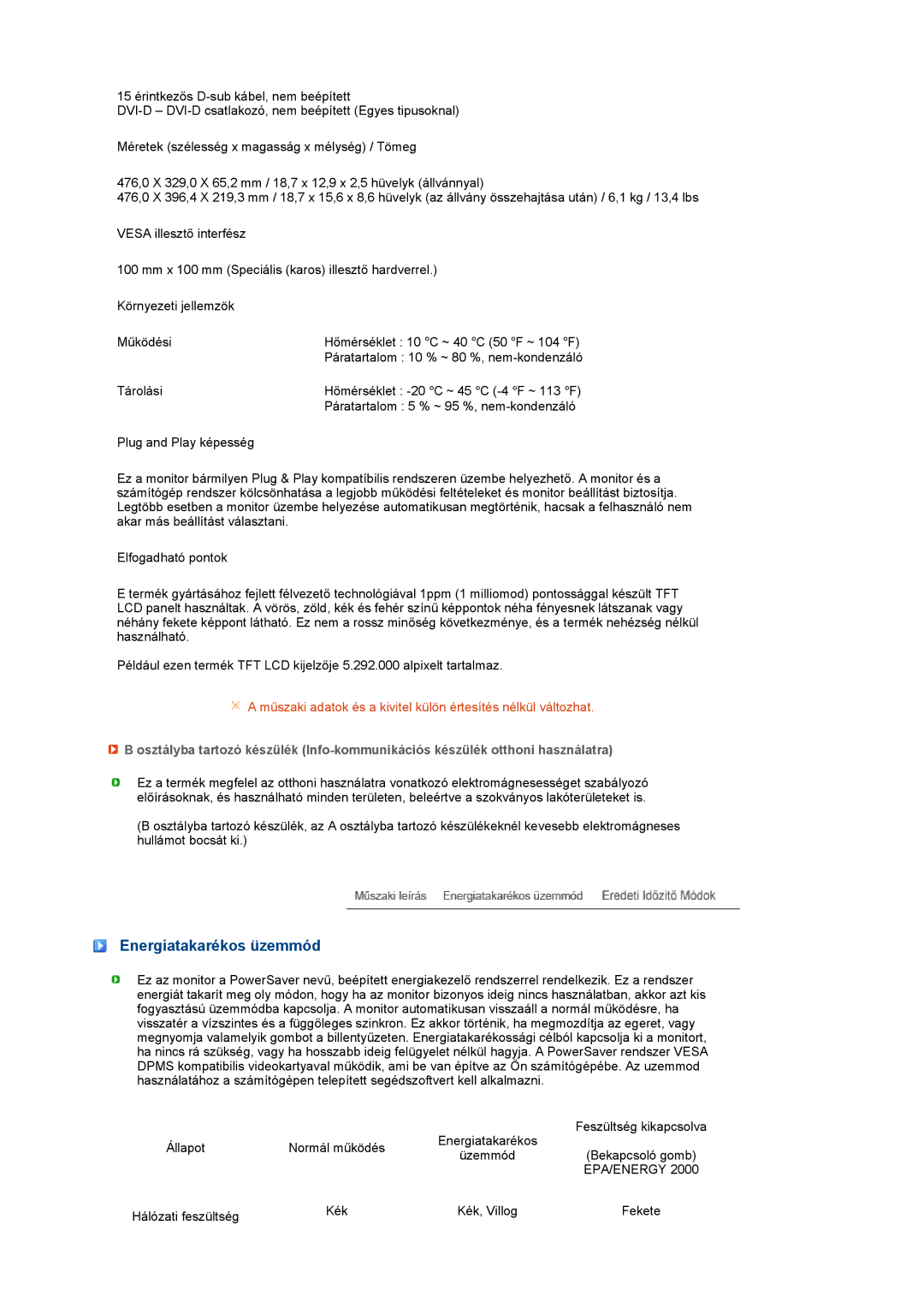 Samsung LG20MEWSFVBEDC, LS20MEWSFV/EDC, LS22MEWSFV/EDC, LS22MEHSFV/EDC, LS20MEHSFV/EDC Energiatakarékos üzemmód, Epa/Energy 