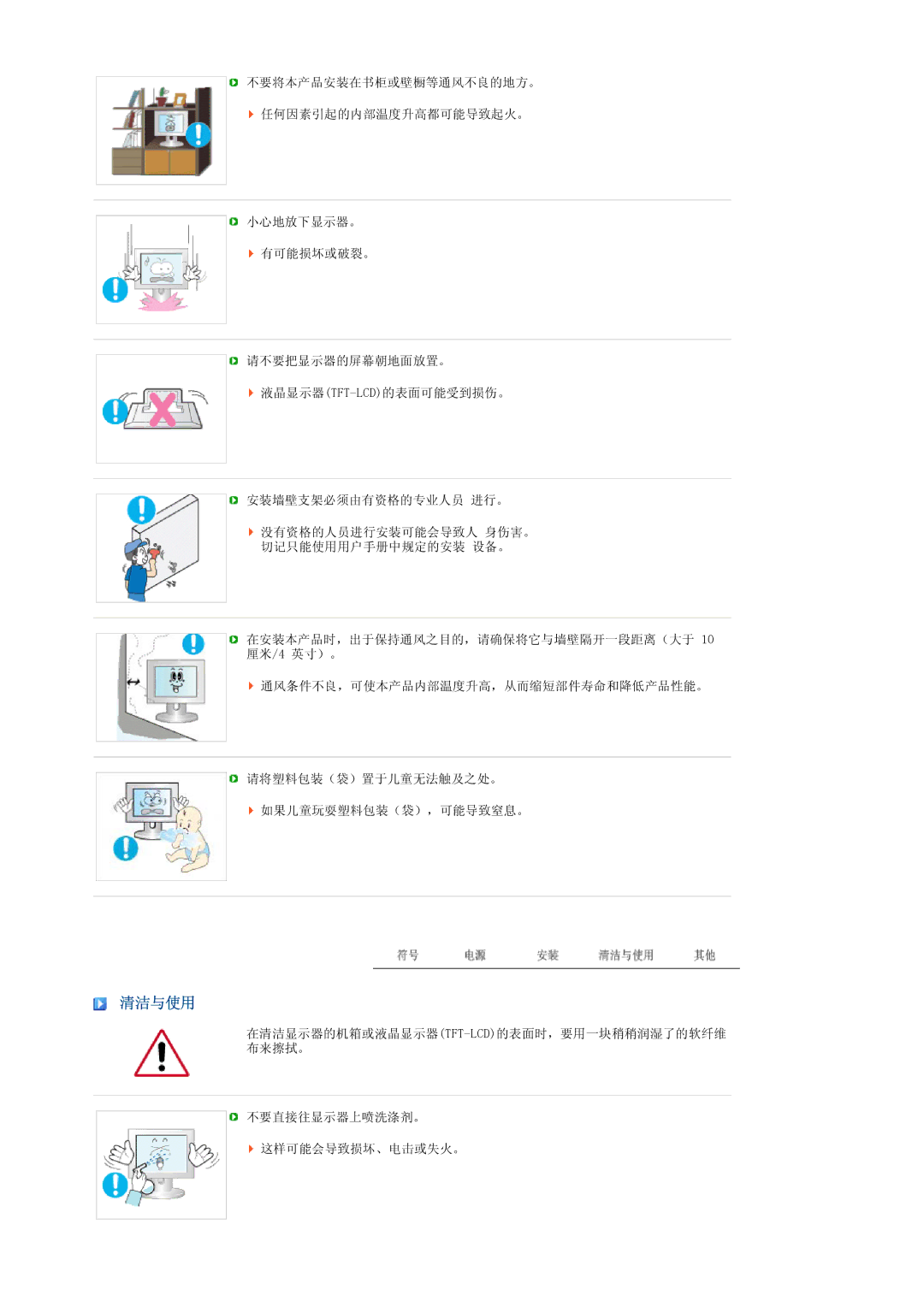 Samsung LS20MEHSFV/TRU, LS20MEWSFV/EDC, LS22MEWSFV/EDC, LS22MEHSFV/EDC, LS20MEHSFV/EDC, LS20MEWSFV/TRU, LS22MEHSFV/TRU 清洁与使用 