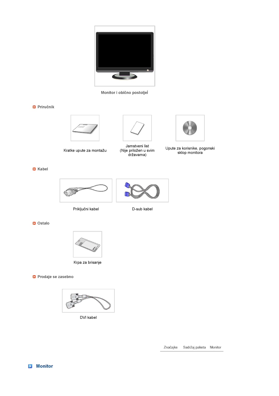 Samsung LS20MEHSFV/EDC, LS20MEWSFV/EDC manual Monitor i obično postoljeĺ Priručnik, Kabel, Ostalo, Prodaje se zasebno 