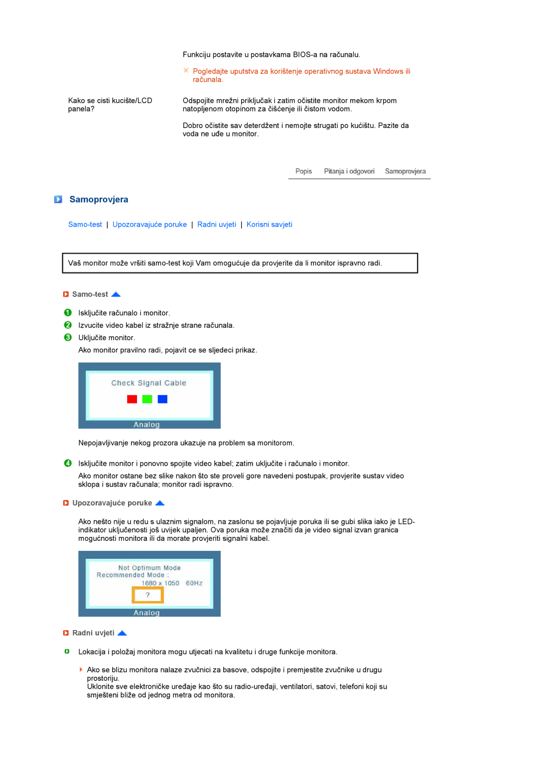 Samsung LS20MEHSFV/EDC, LS20MEWSFV/EDC, LS22MEWSFV/EDC manual Samoprovjera, Samo-test, Upozoravajuće poruke, Radni uvjeti 