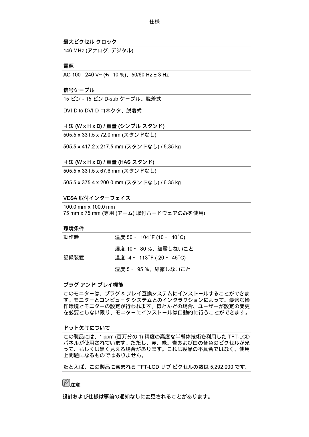 Samsung LS20MYDKBQ/XSJ manual 最大ピクセル クロック 